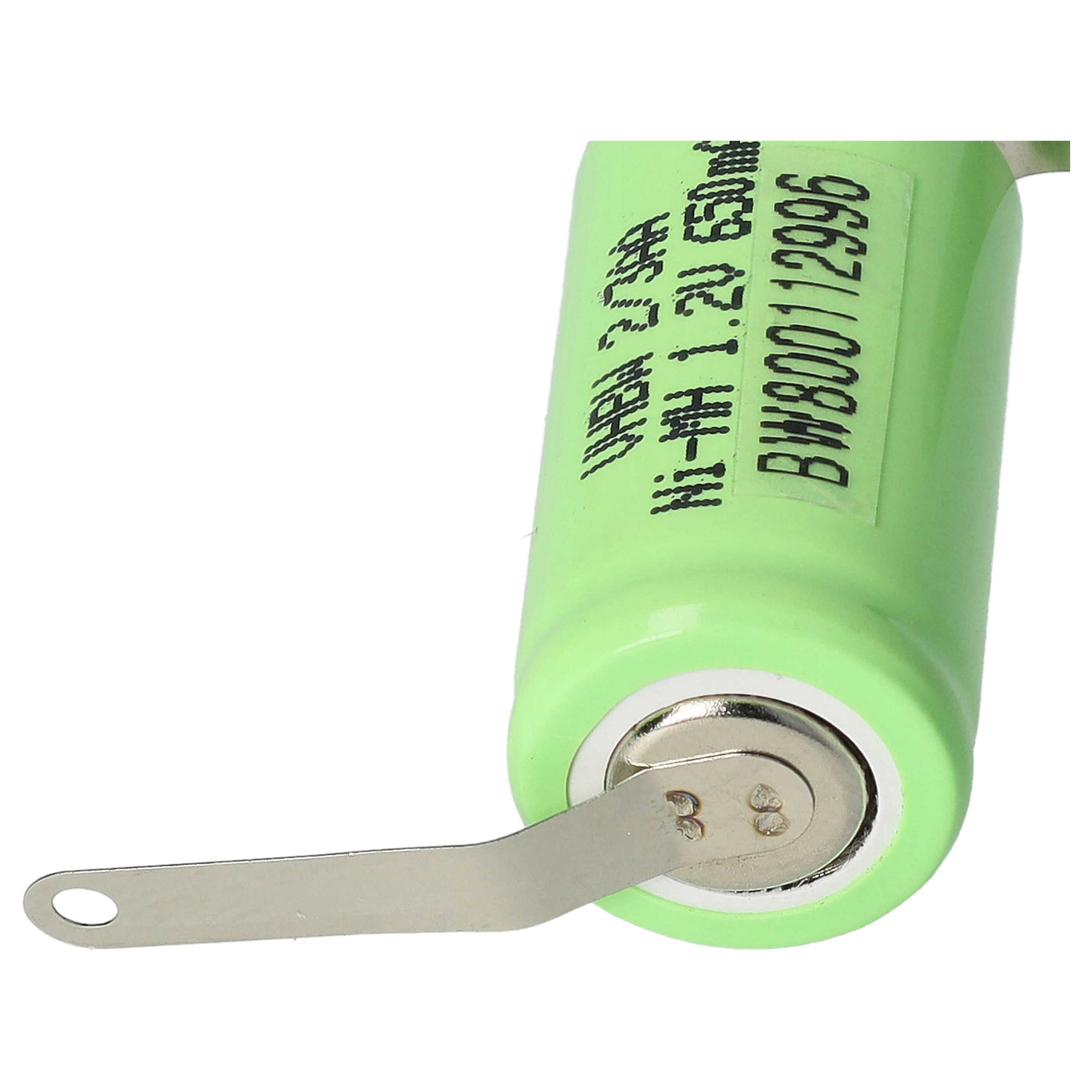 Eine grüne zylindrische Batterie mit Metalllasche und weißem Etikett. Das Etikett zeigt schwarzen Text mit Modellnummer und Spezifikationen.