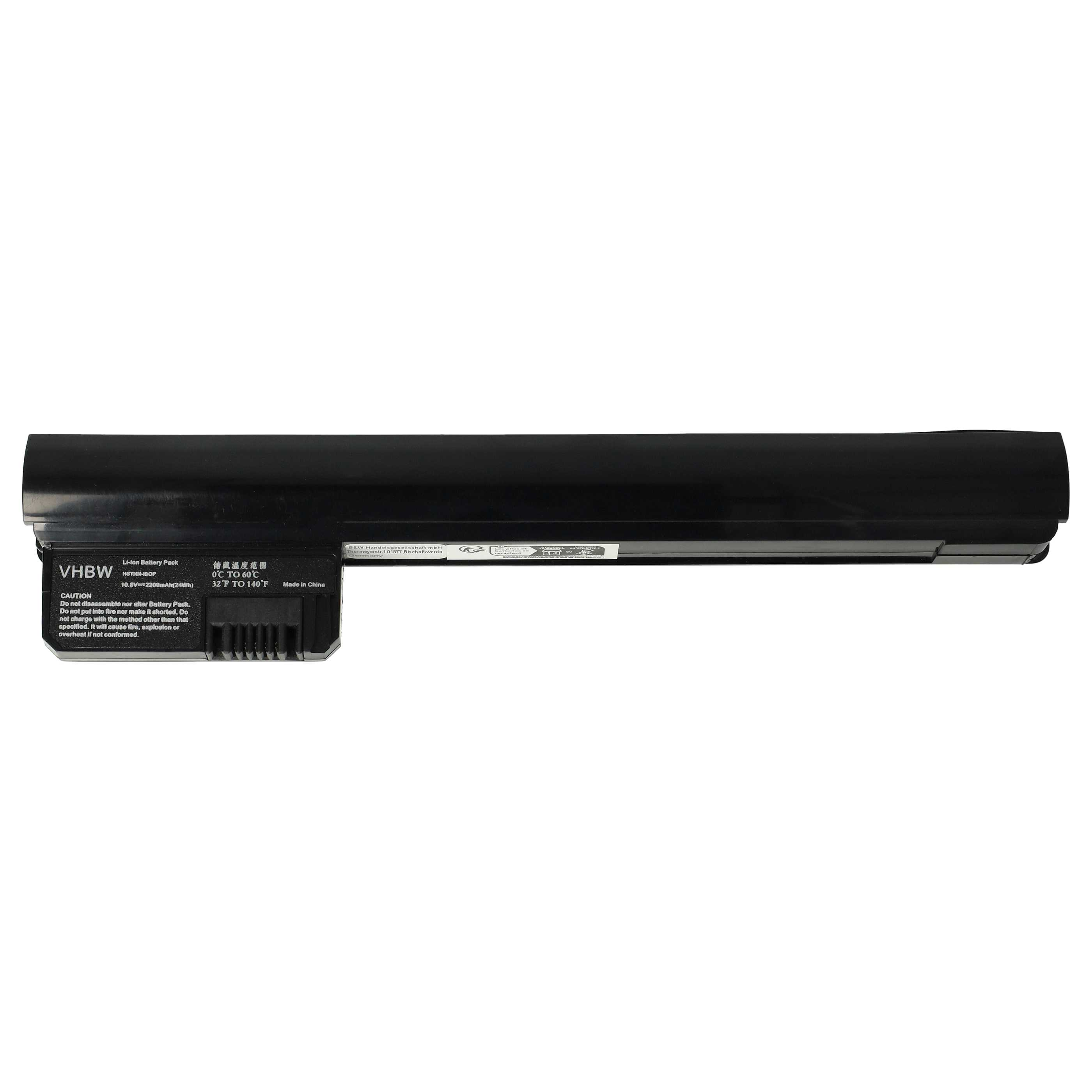 Schwarzer Laptop-Akku mit Etiketten und Warnhinweisen. Der Akku befindet sich auf weißem Hintergrund.