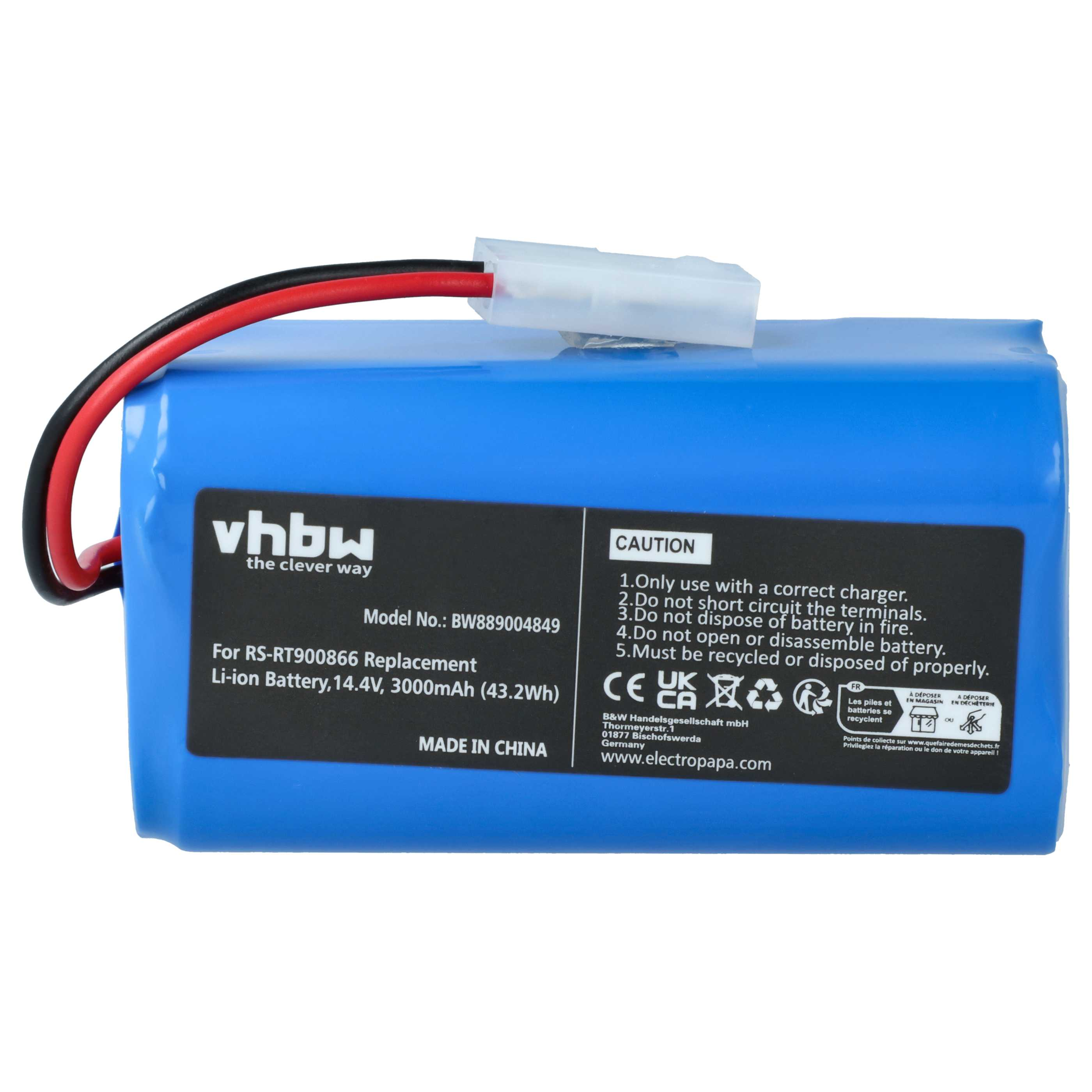 Blaue rechteckige Batterie mit schwarzen und roten Drähten. Text enthält Modelldetails, Vorsichtshinweise und Recyclinginformationen. Weißer Stecker.