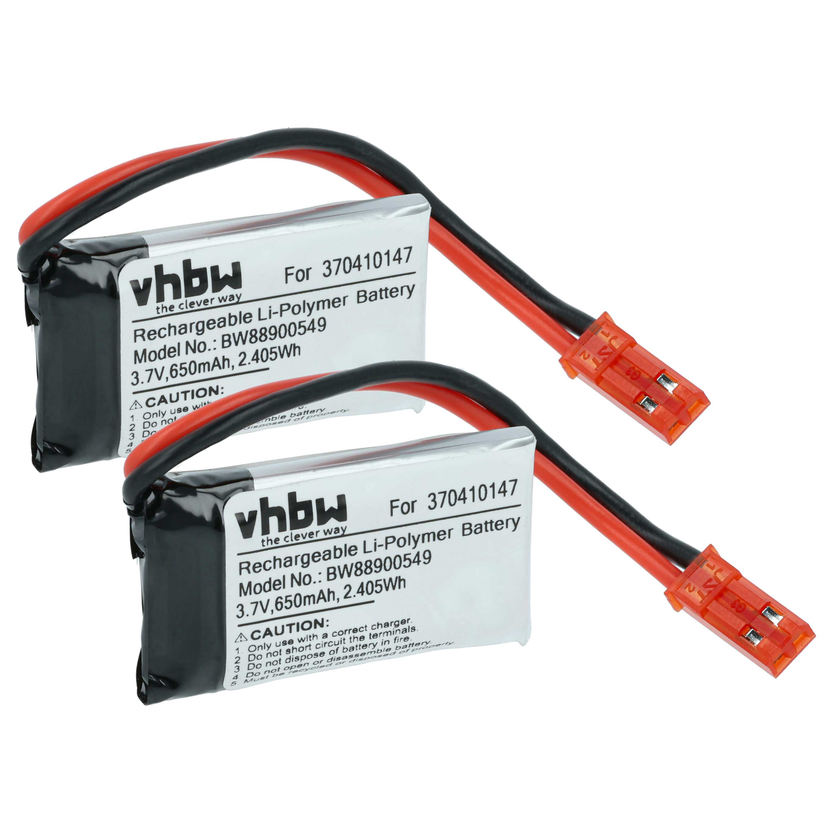 Zwei rechteckige Batterien mit schwarzen und roten Drähten und orangefarbenen Steckern. Jedes Etikett sagt vhbw, wiederaufladbare Li-Polymer-Batterie.