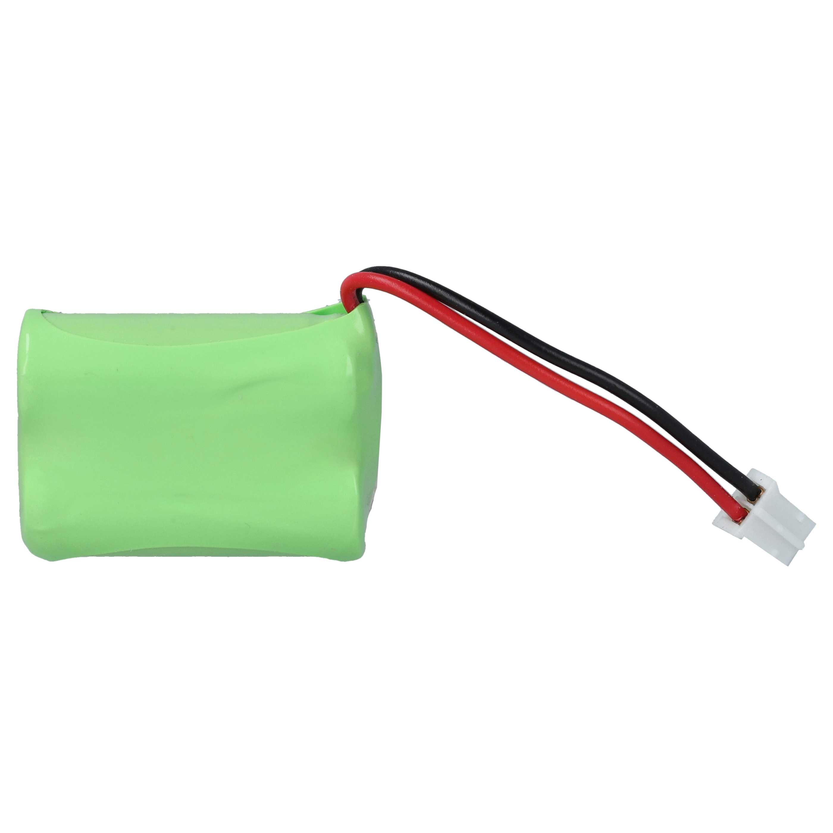 Eine grüne Batterie mit roten und schwarzen Drähten, die mit einem weißen Stecker verbunden ist, isoliert auf weißem Hintergrund.