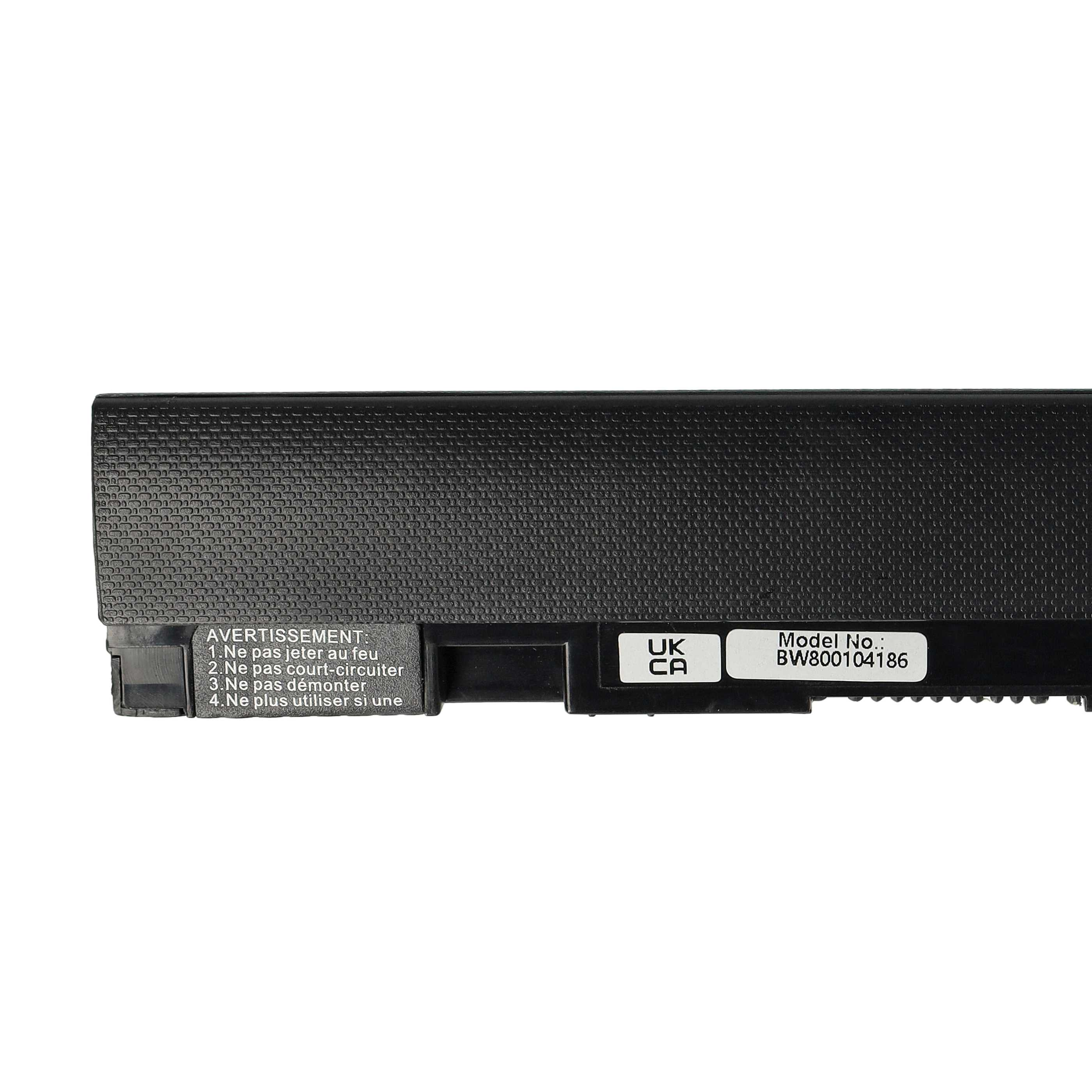 Schwarzes Akkupack mit Warnhinweisen. Enthält UK CA-Kennzeichen und Modellnummer BW800104186.