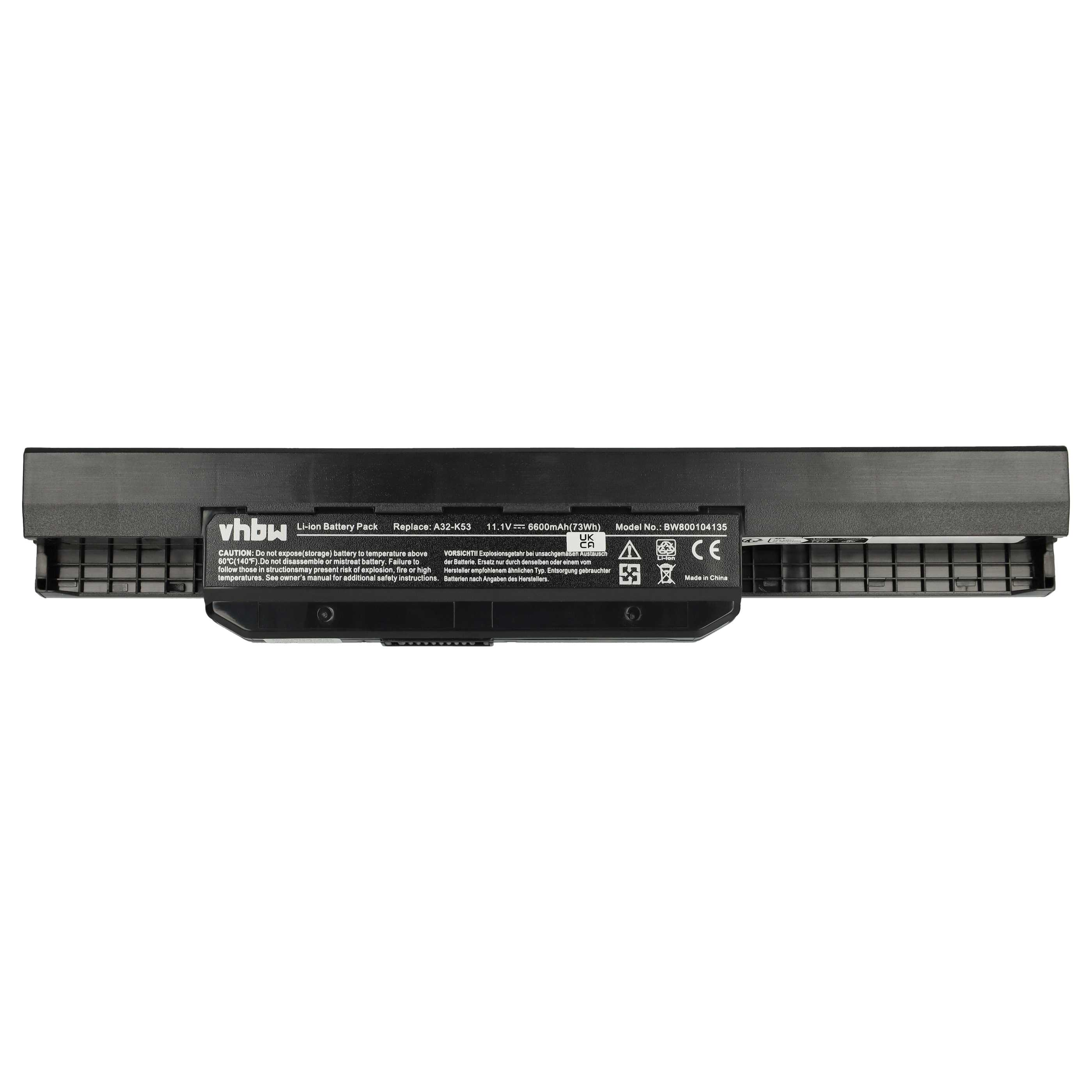Schwarzer Li-Ionen-Akku mit weißem Text. Modellnummer BW800104135, Ersetzen A32-K53, 11,1 V 6600 mAh.