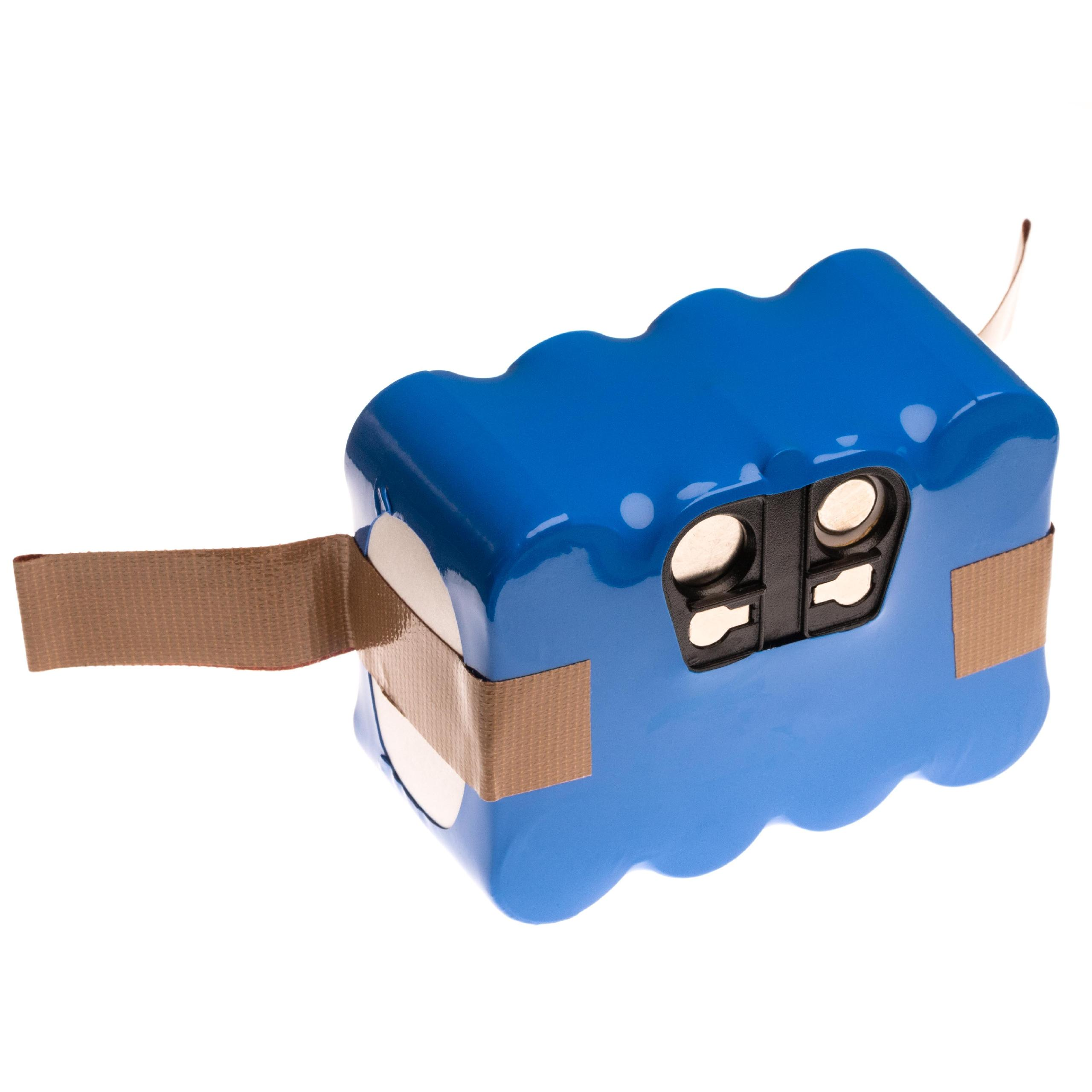 Ein blaues Batteriepack mit braunem Riemen auf weißem Hintergrund. Es scheint neu zu sein.