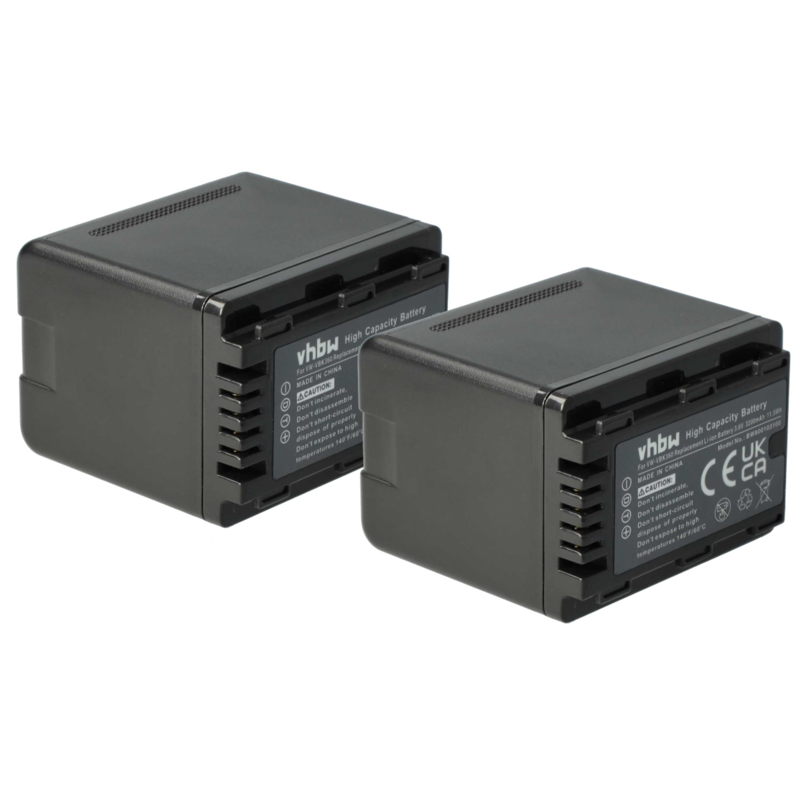 Zwei schwarze vhbw Hochleistungsbatterien auf weißem Hintergrund. Etiketten mit Text sind auf den Batterien sichtbar.