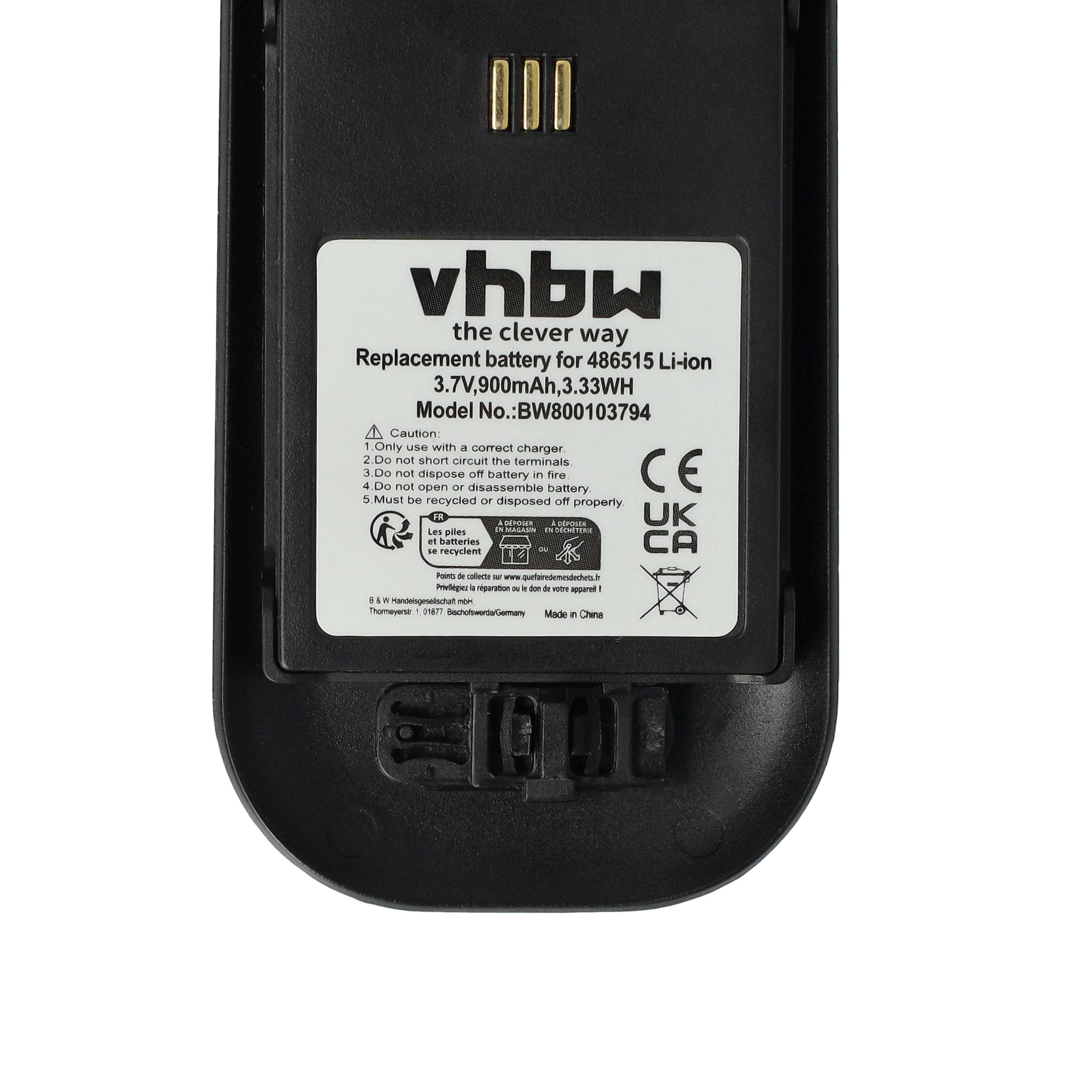 Ein schwarzer Akku mit weißem Text. Es gibt Warnungen, ein Recycling-Symbol und den Text 'vhbw the clever way'.