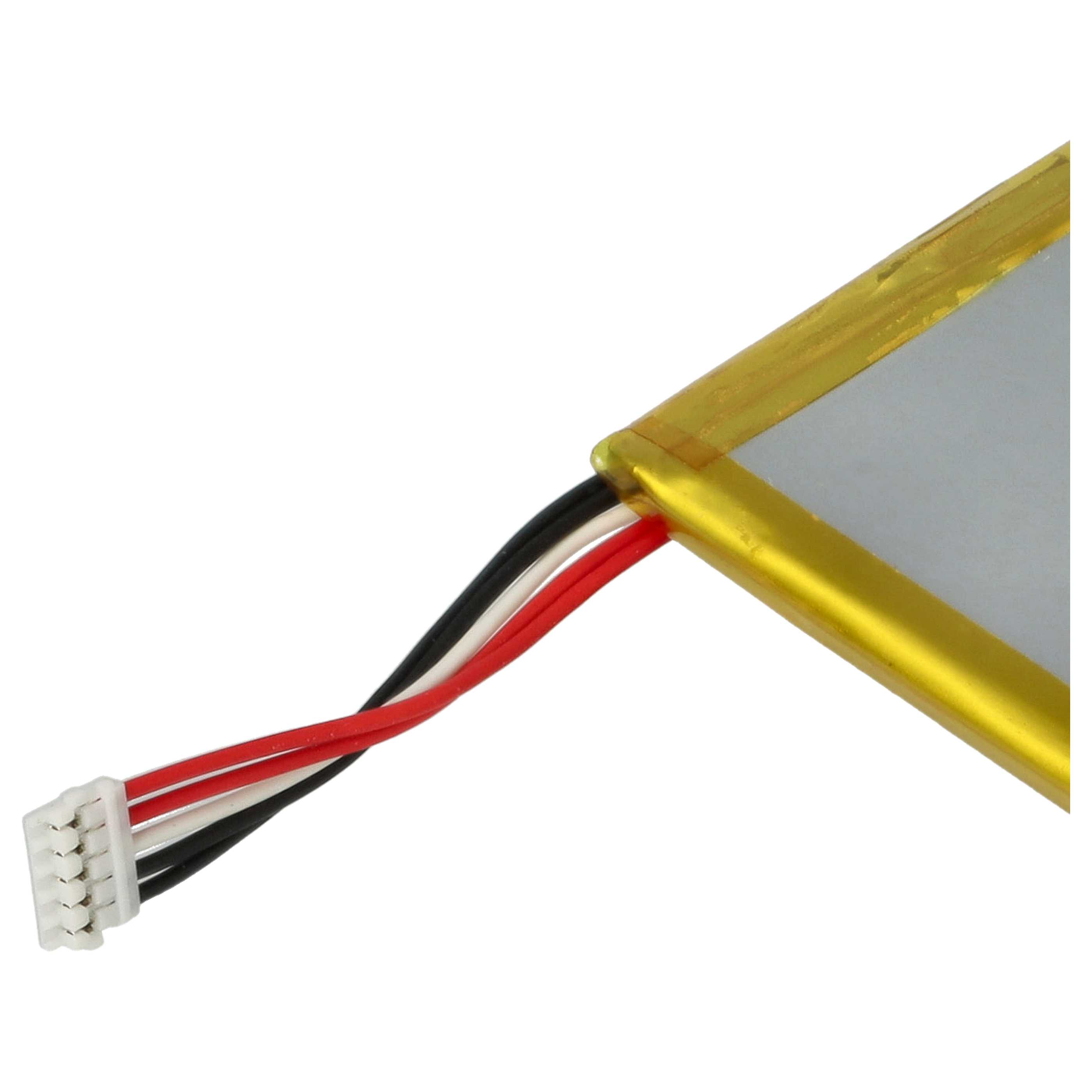 Nahaufnahme zeigt eine Batterie mit Drähten. Weißer Stecker mit schwarzen, weißen und roten Drähten. Goldener Rahmen.