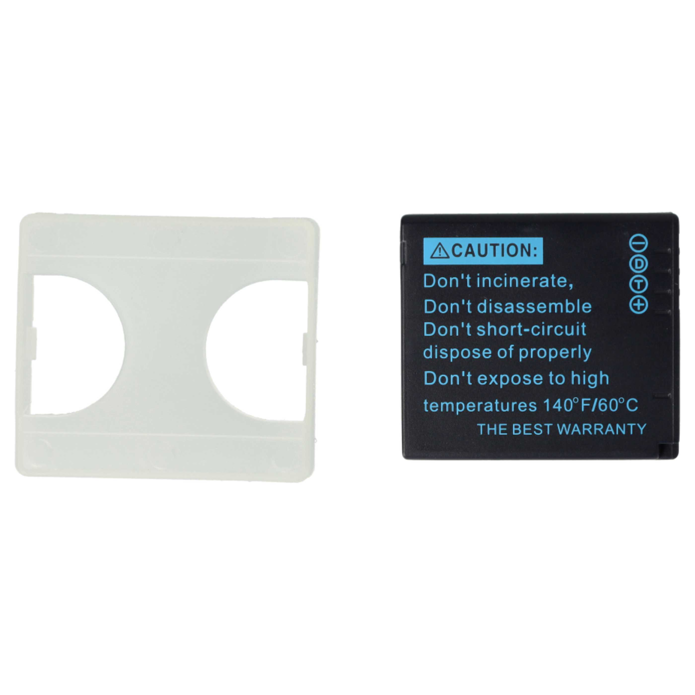 Das Bild zeigt einen schwarzen Akku mit Warnhinweis und einen weißen Kunststoffhalter.