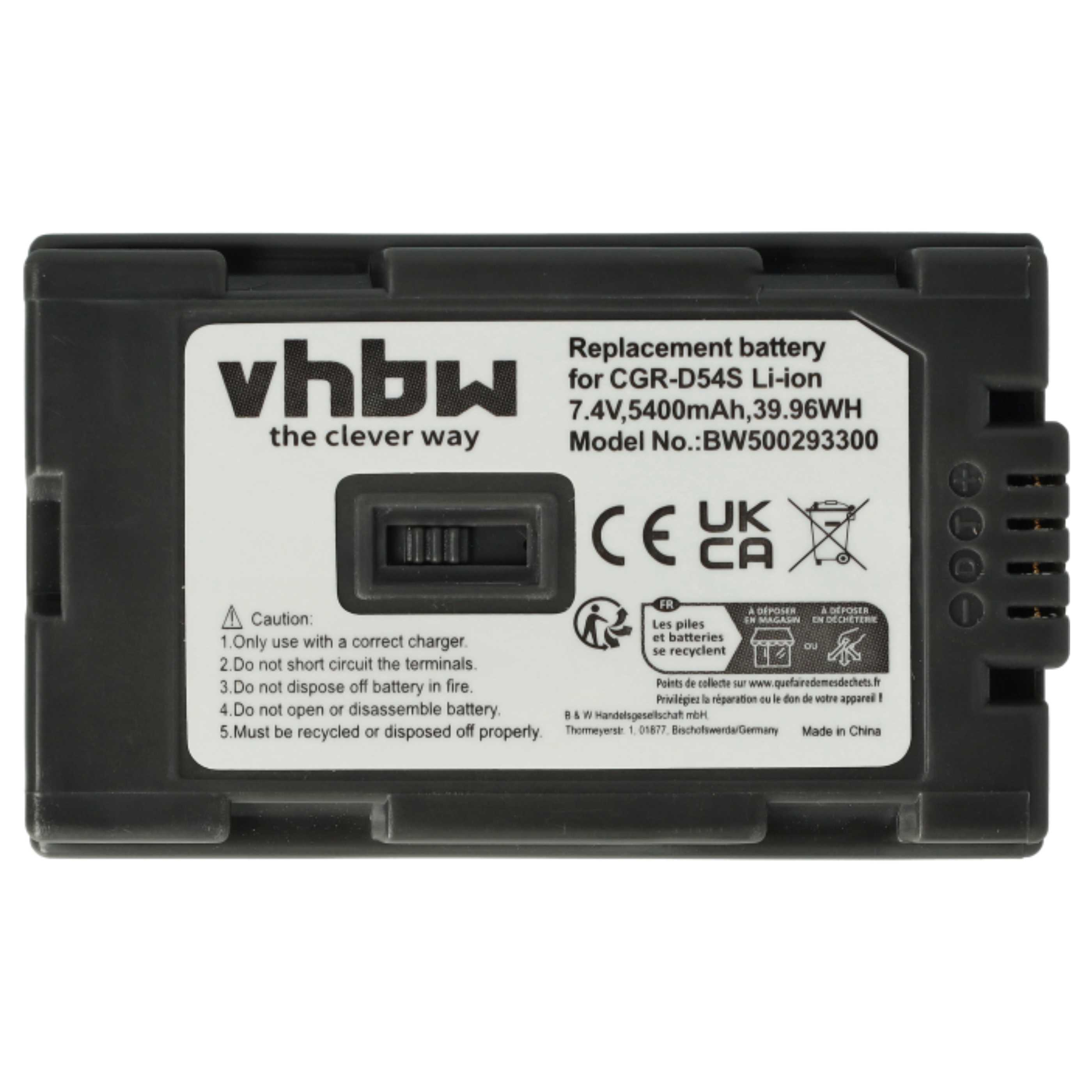 Schwarzer vhbw-Ersatzakku. Text enthält Modell, Spannung und Warnhinweise. Logos für CE, UK, CA sind vorhanden.