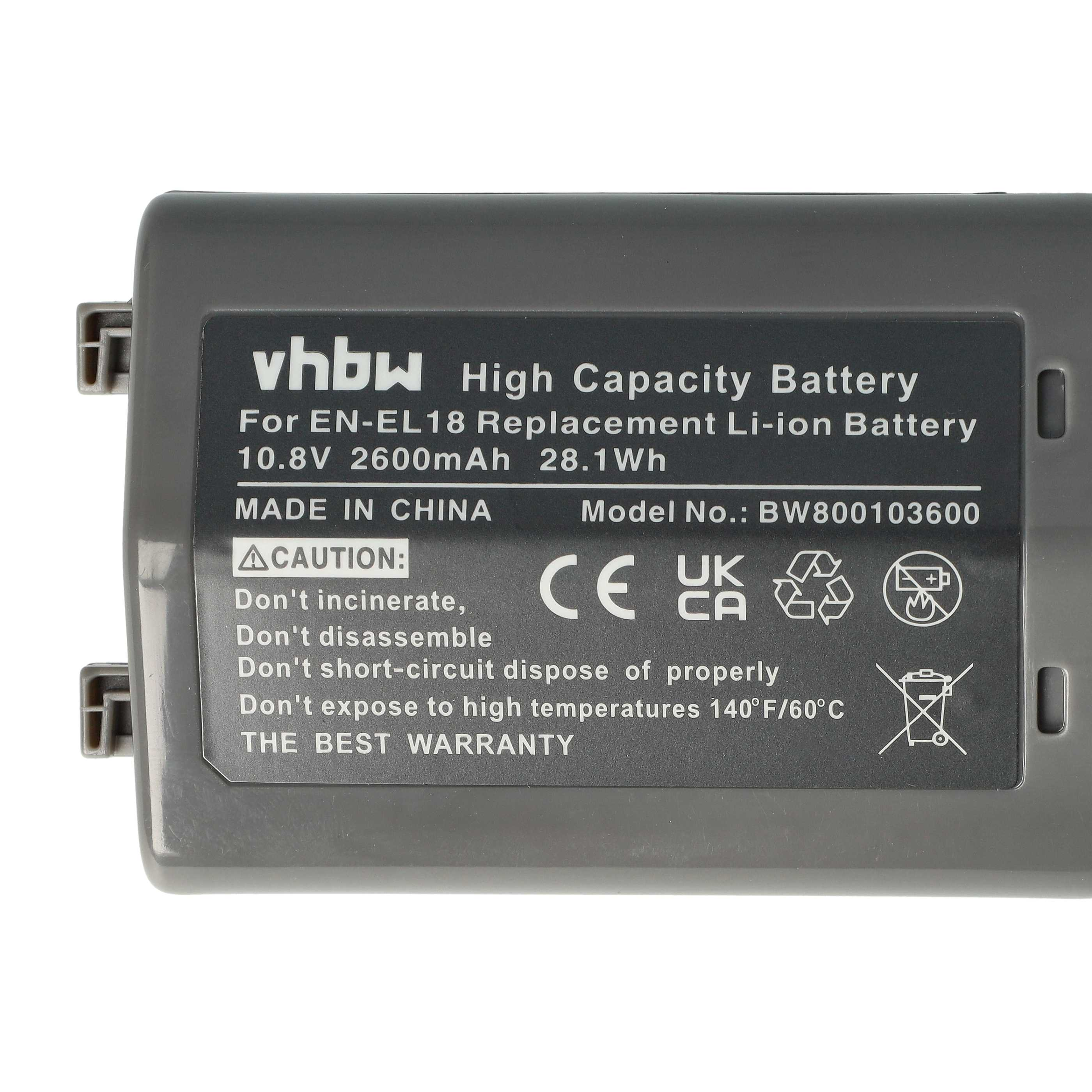 Eine graue Batterie mit weißem Text, der Spezifikationen und Warnungen enthält, darunter 'High Capacity Battery' und '10.8V 2600mAh'.