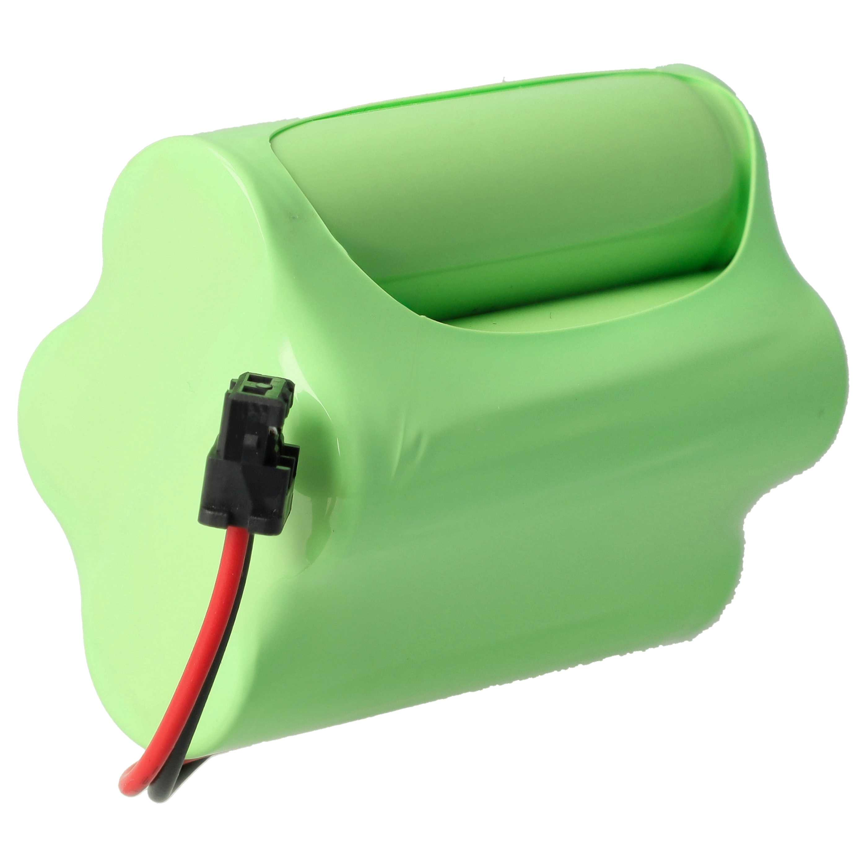 Ein hellgrüner Akku mit einem schwarzen Stecker und roten und schwarzen Drähten, die sich davon erstrecken.
