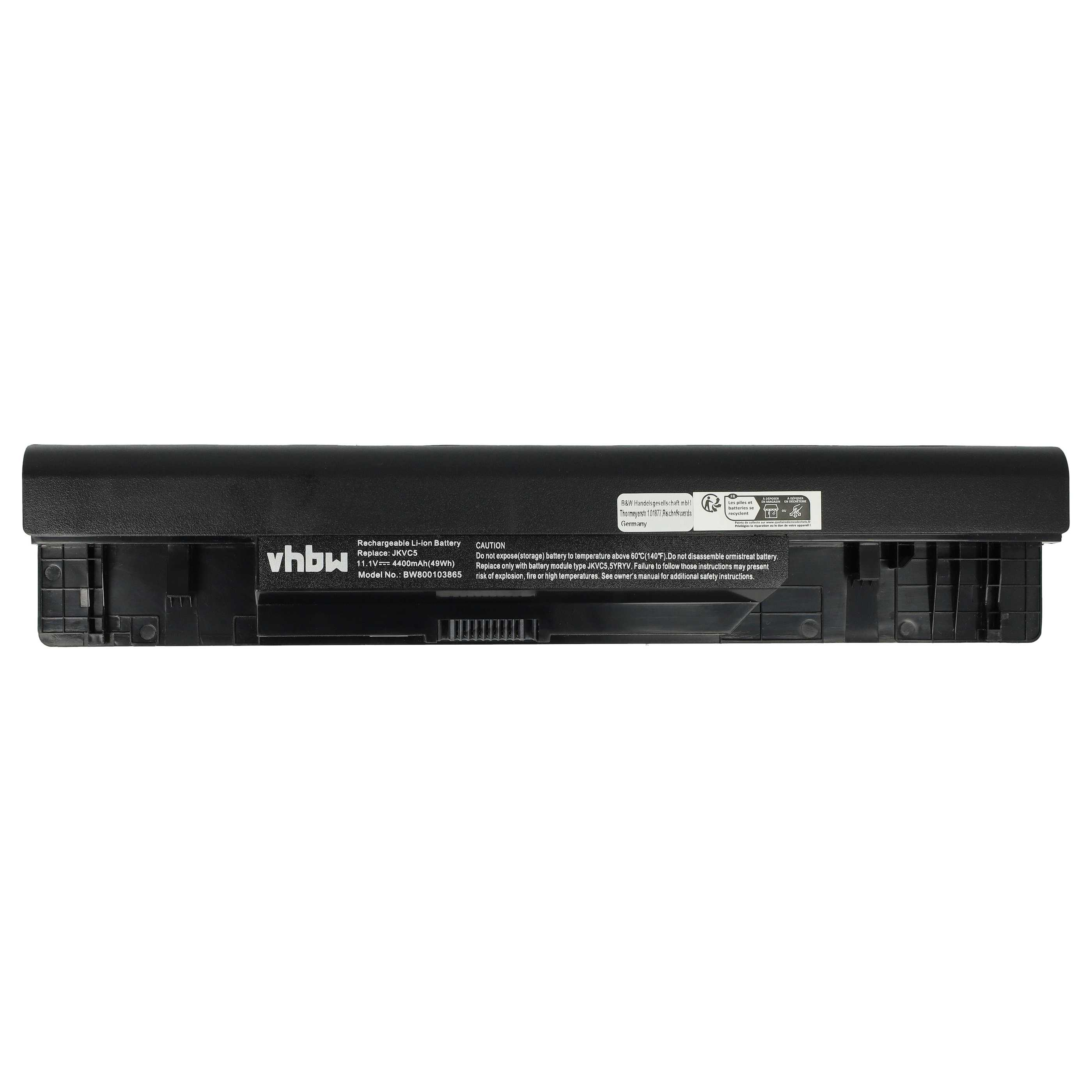 Schwarzer Laptop-Akku mit Text und Etiketten. Es ist ein wiederaufladbarer vhbw Li-Ionen-Akku.