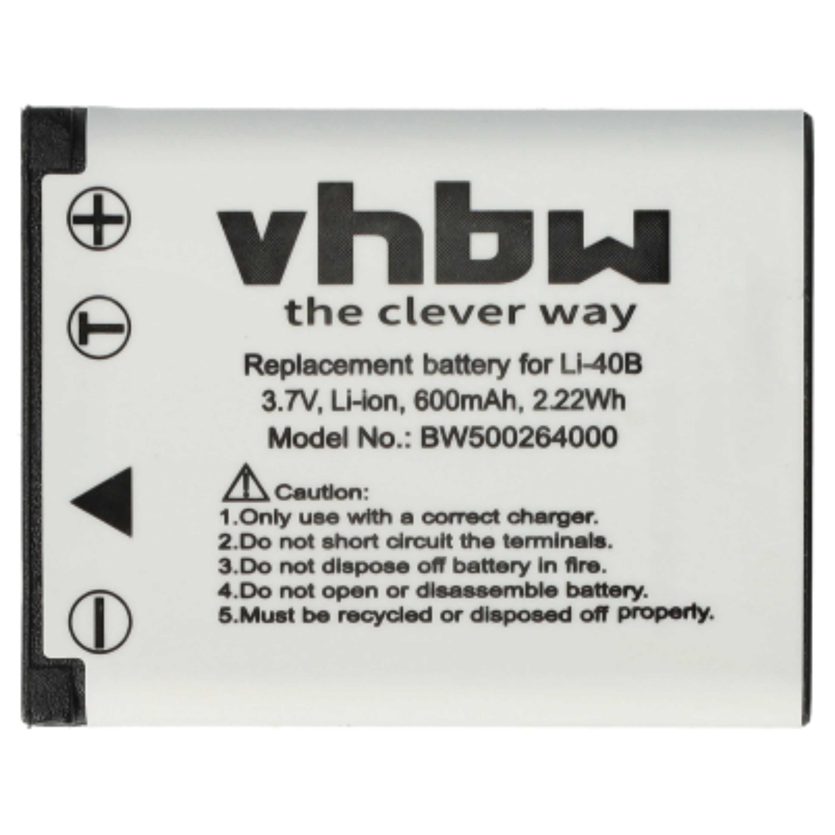 Ein weißer Akku mit schwarzen Rändern hat Text: vhbw, the clever way. Es ist ein Ersatzakku mit Warnungen und Spezifikationen.