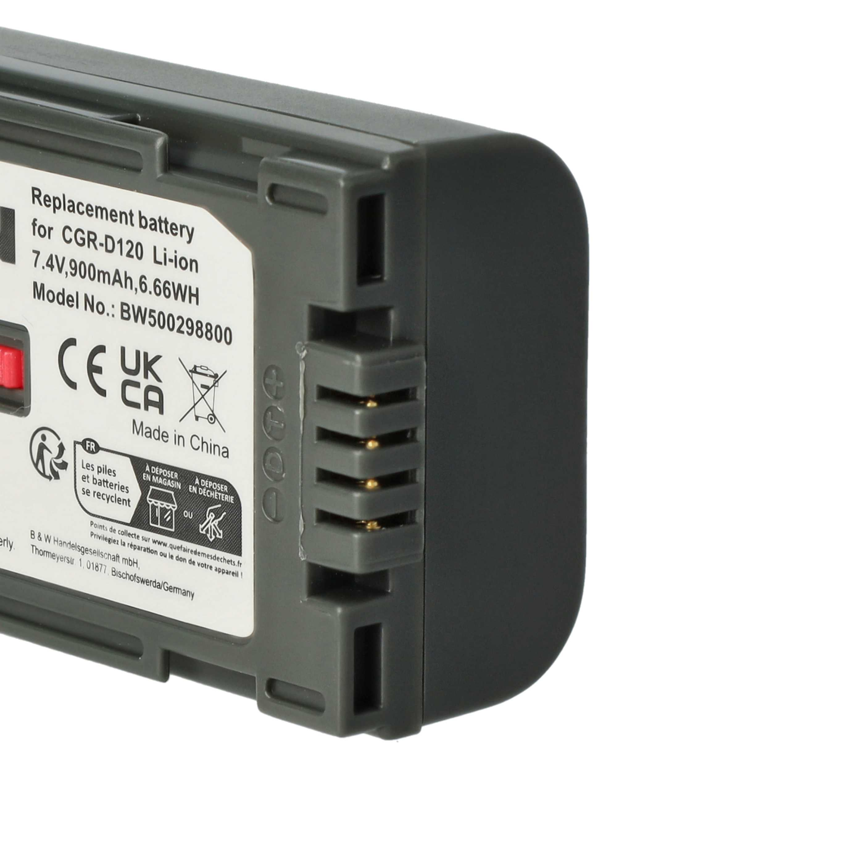 Ein dunkelgrauer Ersatzakku für CGR-D120 Li-ion mit Text, Logos und elektrischen Kontakten.