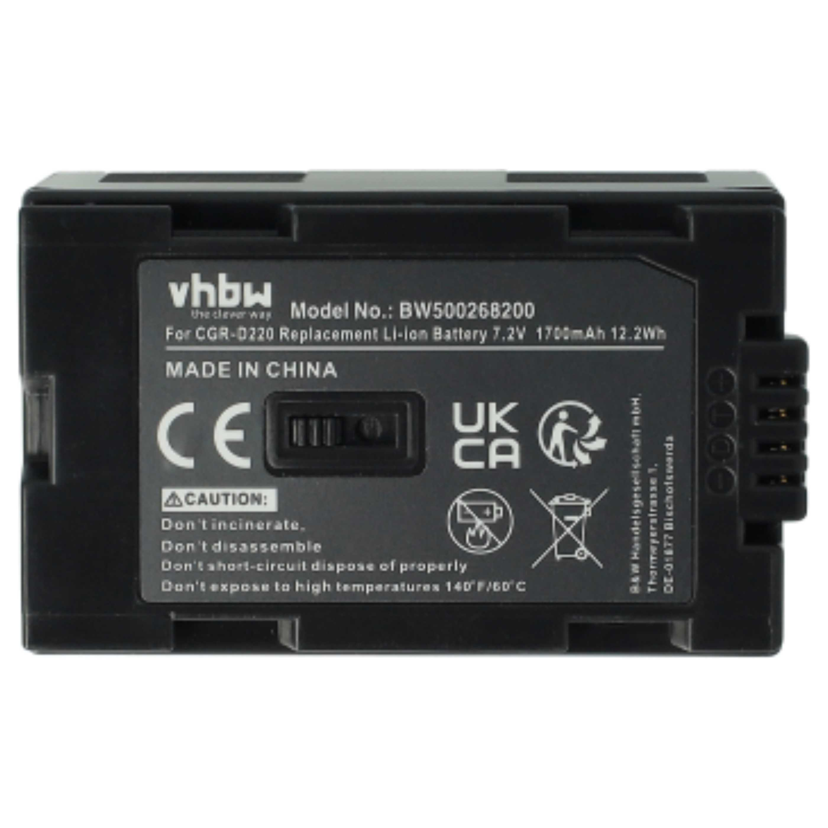 Schwarzer Akku mit weißem Text. Es steht vhbw, Modellnummer, Akkutyp und Made in China, mit Sicherheitssymbolen.