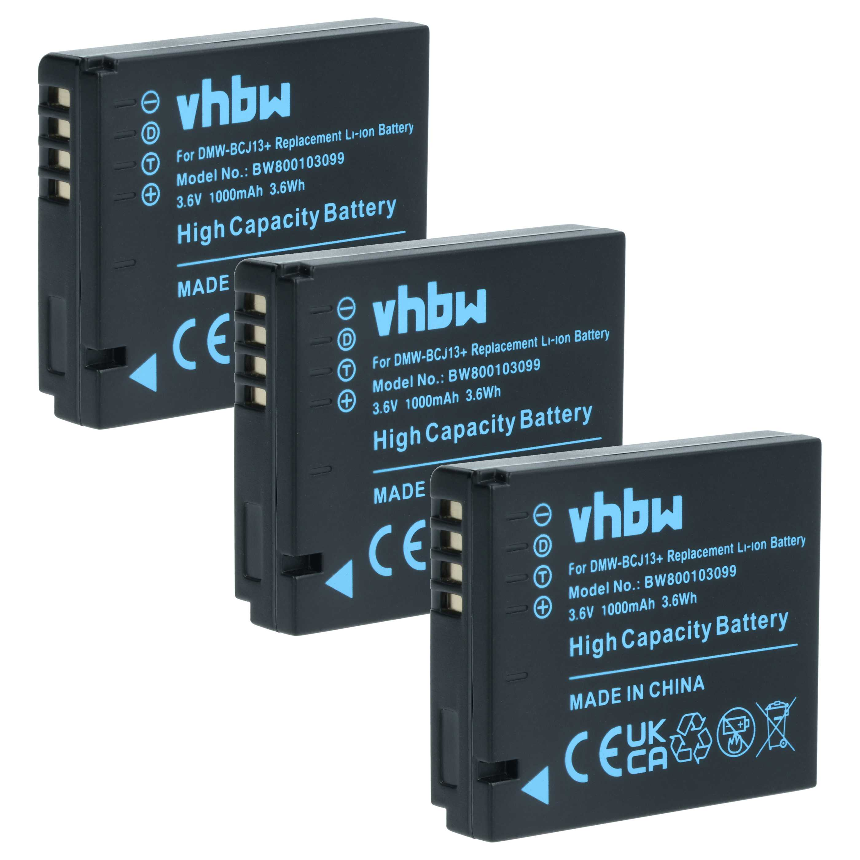 Drei schwarze Batterien mit weißem Text. Die Batterien haben die Marke vhbw, Modellinformationen und CE-Kennzeichnungen.