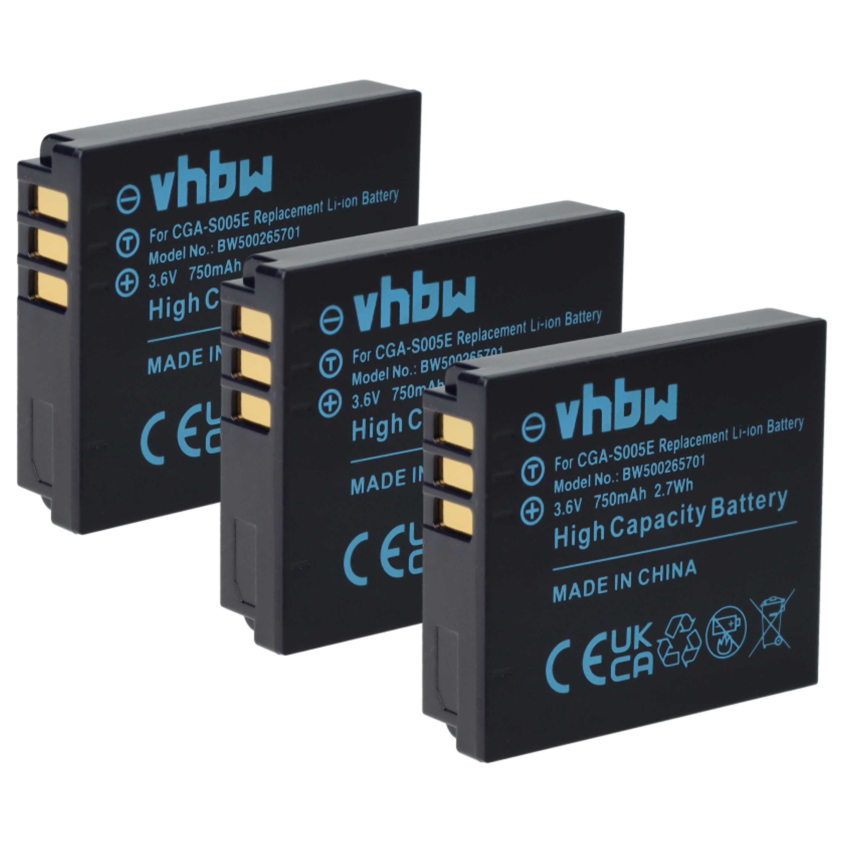 Drei schwarze rechteckige Batterien mit weißem Text und goldenen Kontakten. Die Marke ist vhbw.