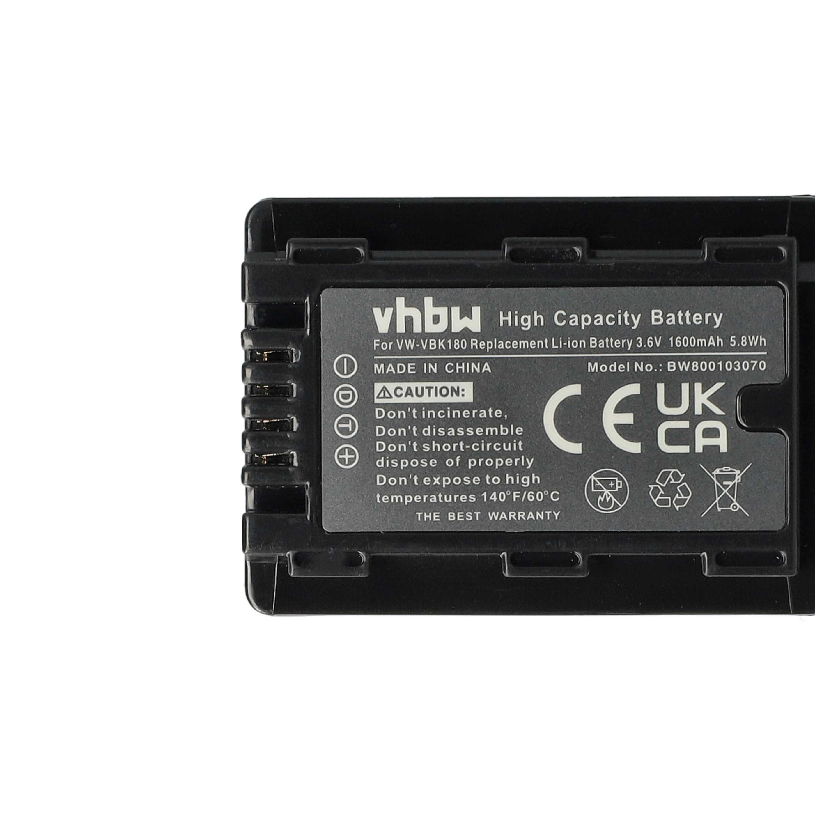 Ein schwarzes Akkupack mit weißem Text. Es steht vhbw, High Capacity Battery und Warnhinweise drauf. Der Hintergrund ist weiß.