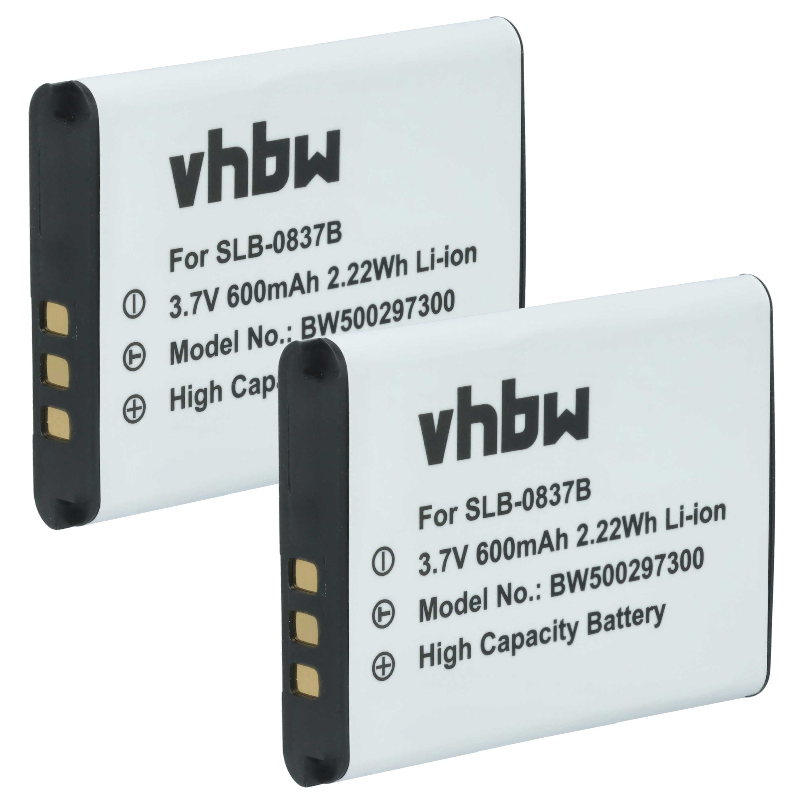 Zwei weiße Batterien mit schwarzen Kanten. Auf ihnen steht "vhbw", "3,7V 600mAh" und "High Capacity Battery".