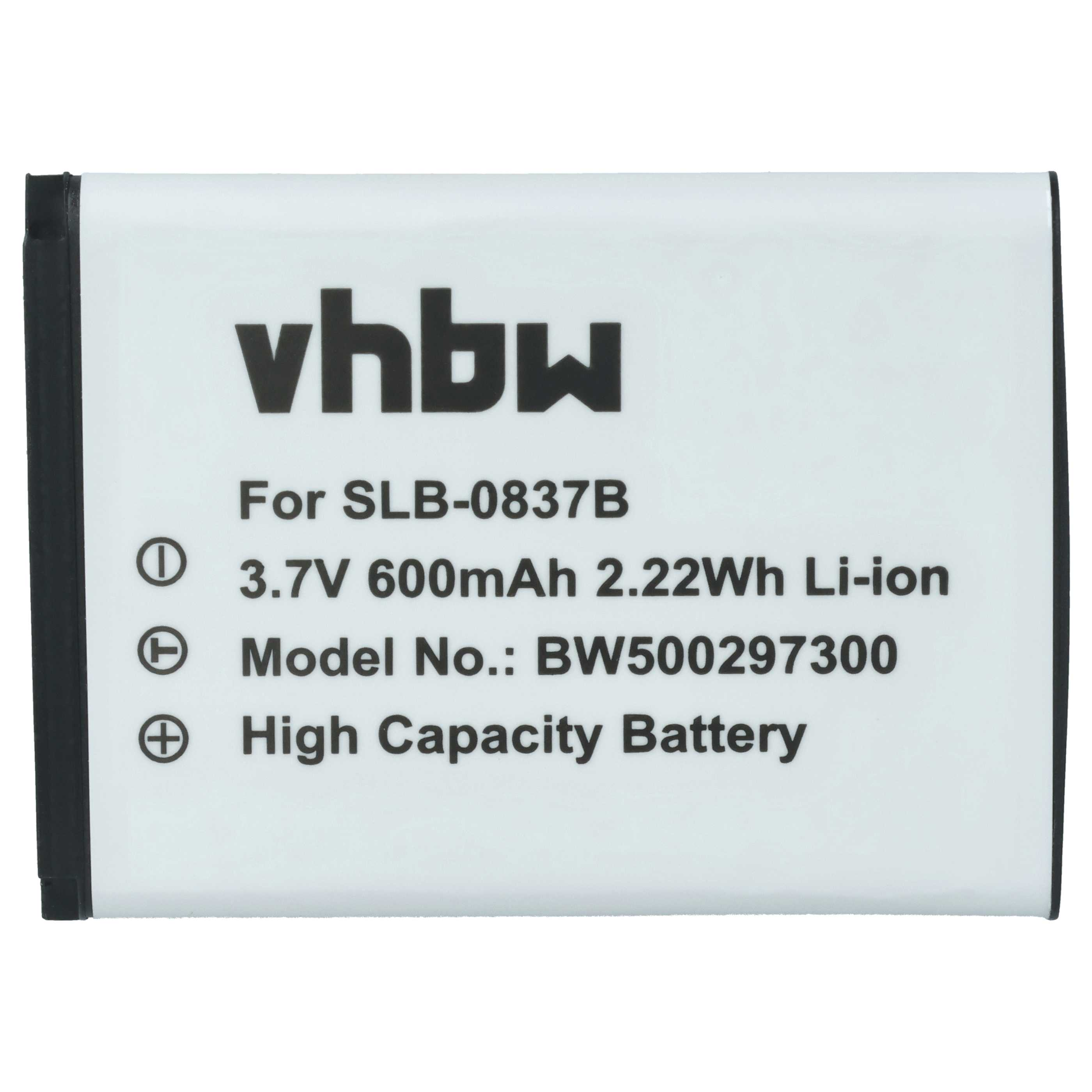 Ein weißer Akku mit schwarzen Kanten hat den Aufdruck 'vhbw' und Details wie '3,7V 600mAh'.