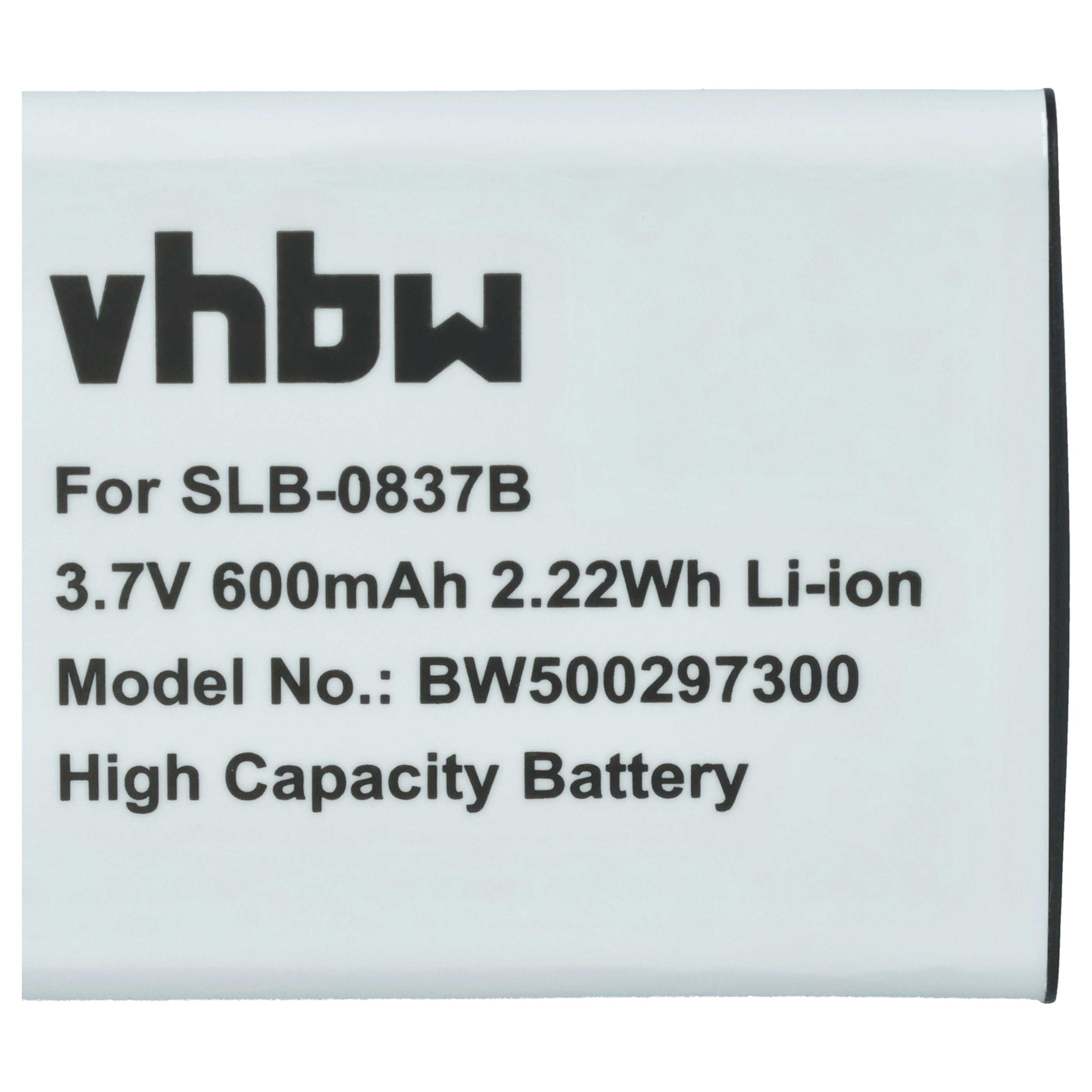 Weißes Batterieetikett mit schwarzem Text. Der Text enthält 'vhbw', Spezifikationen wie 3,7 V, 600 mAh und 'High Capacity Battery'.