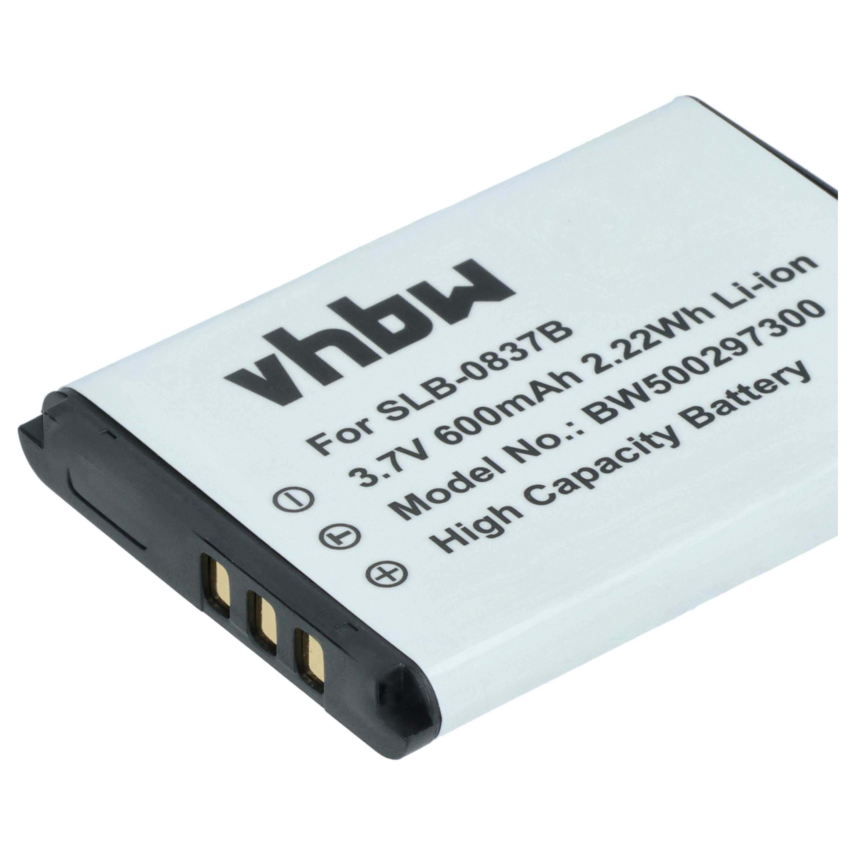 Ein weißer Akku mit schwarzem Text. Der Text lautet: vhbw, SLB-0837B, 3,7 V 600 mAh, Modell-Nr.: BW500297300, Hochleistungsbatterie.