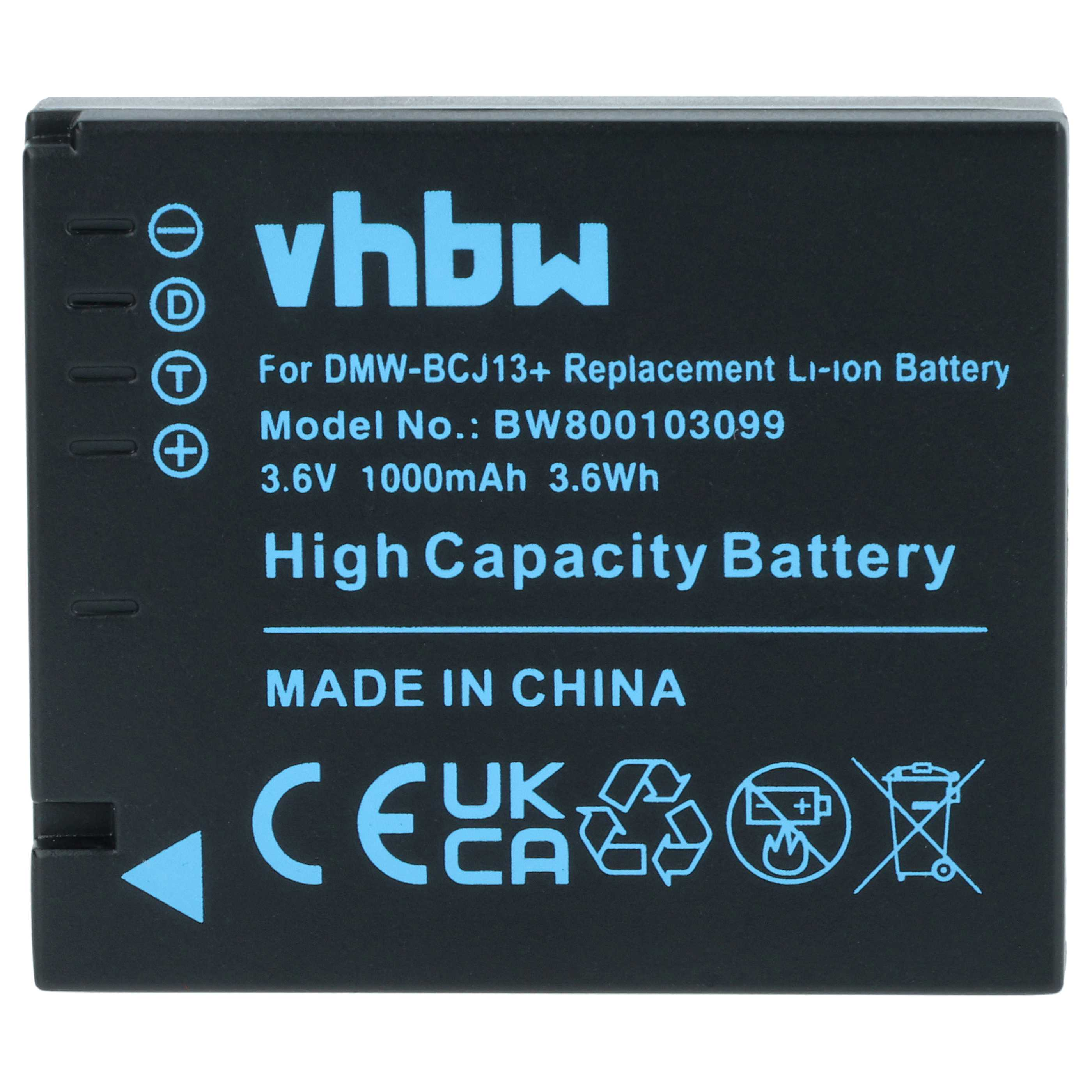 Ein schwarzer Akku mit cyanfarbenem Text. Details sind 'vhbw', 'High Capacity Battery' und 'Made in China'. Symbole sind ebenfalls vorhanden.