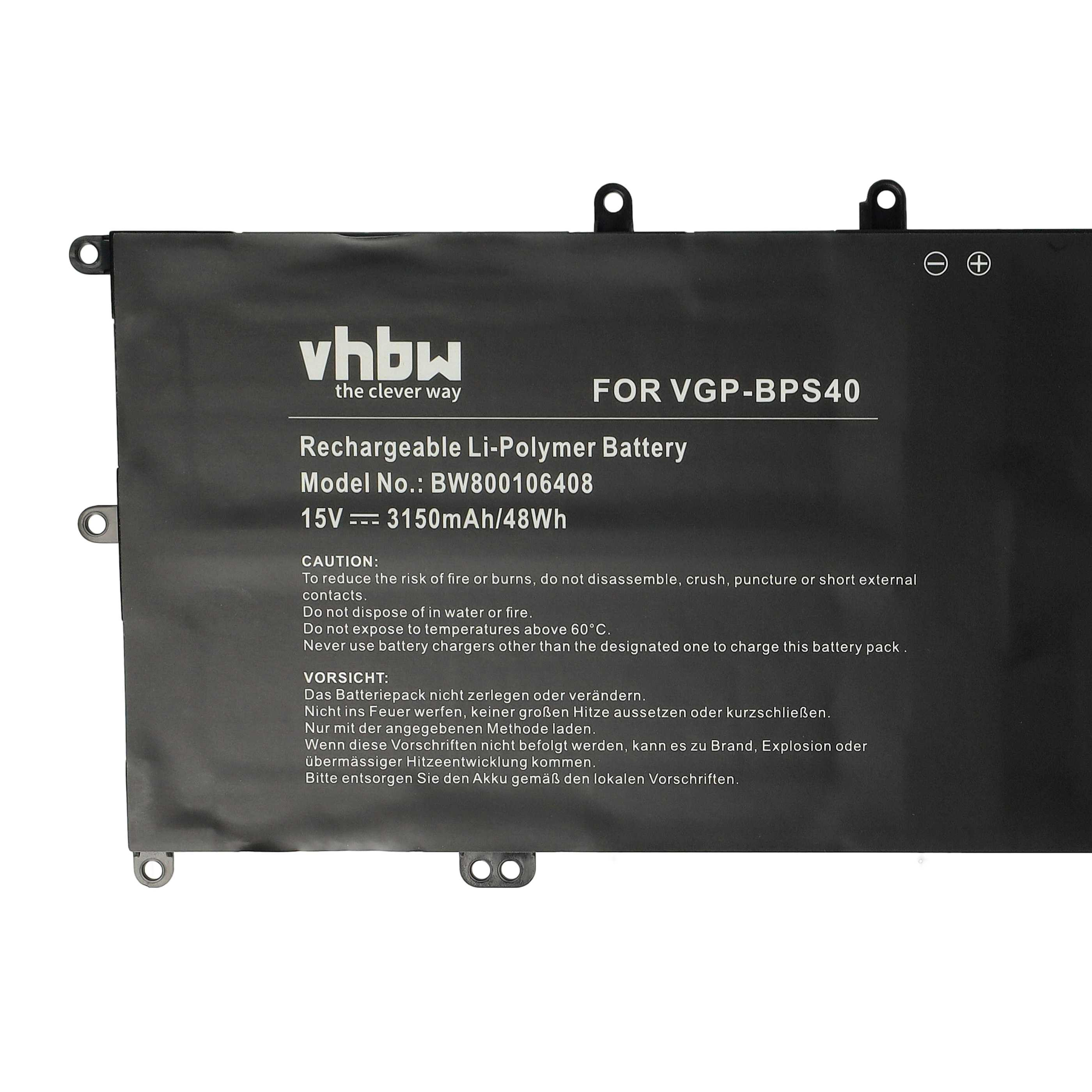 Schwarzer Laptop-Akku mit weißem Hintergrund, Text auf dem Akku: vhbw, wiederaufladbarer Li-Polymer-Akku, 15V und mehr.