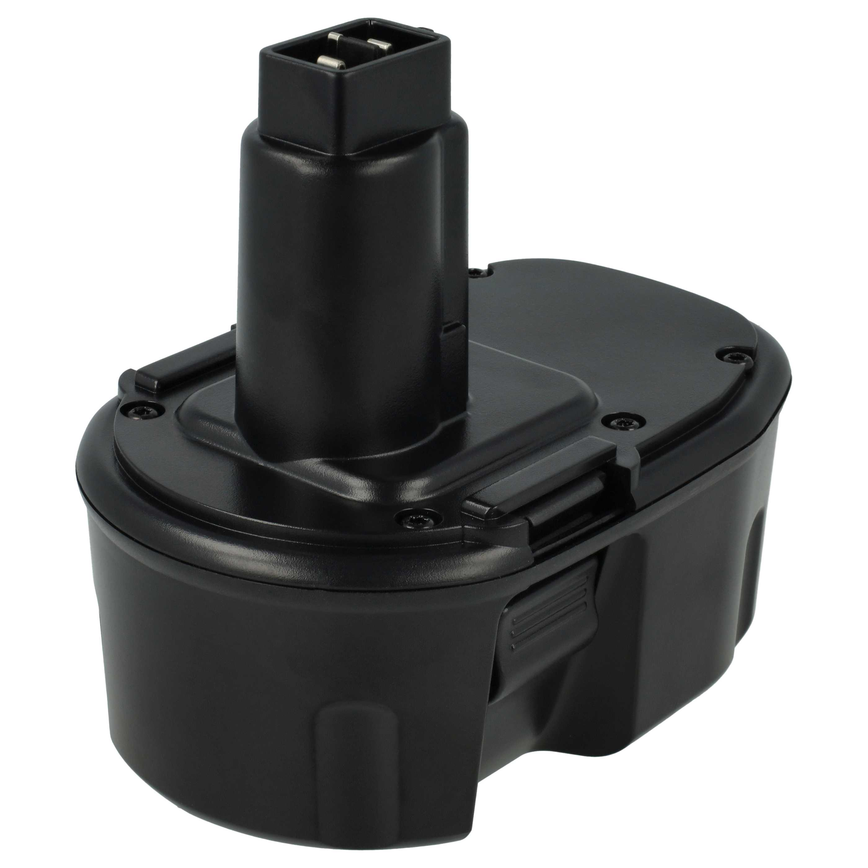 Ein schwarzer Werkzeugakku. Er hat eine rechteckige Basis mit einem zylindrischen Oberteil und einem Stecker.