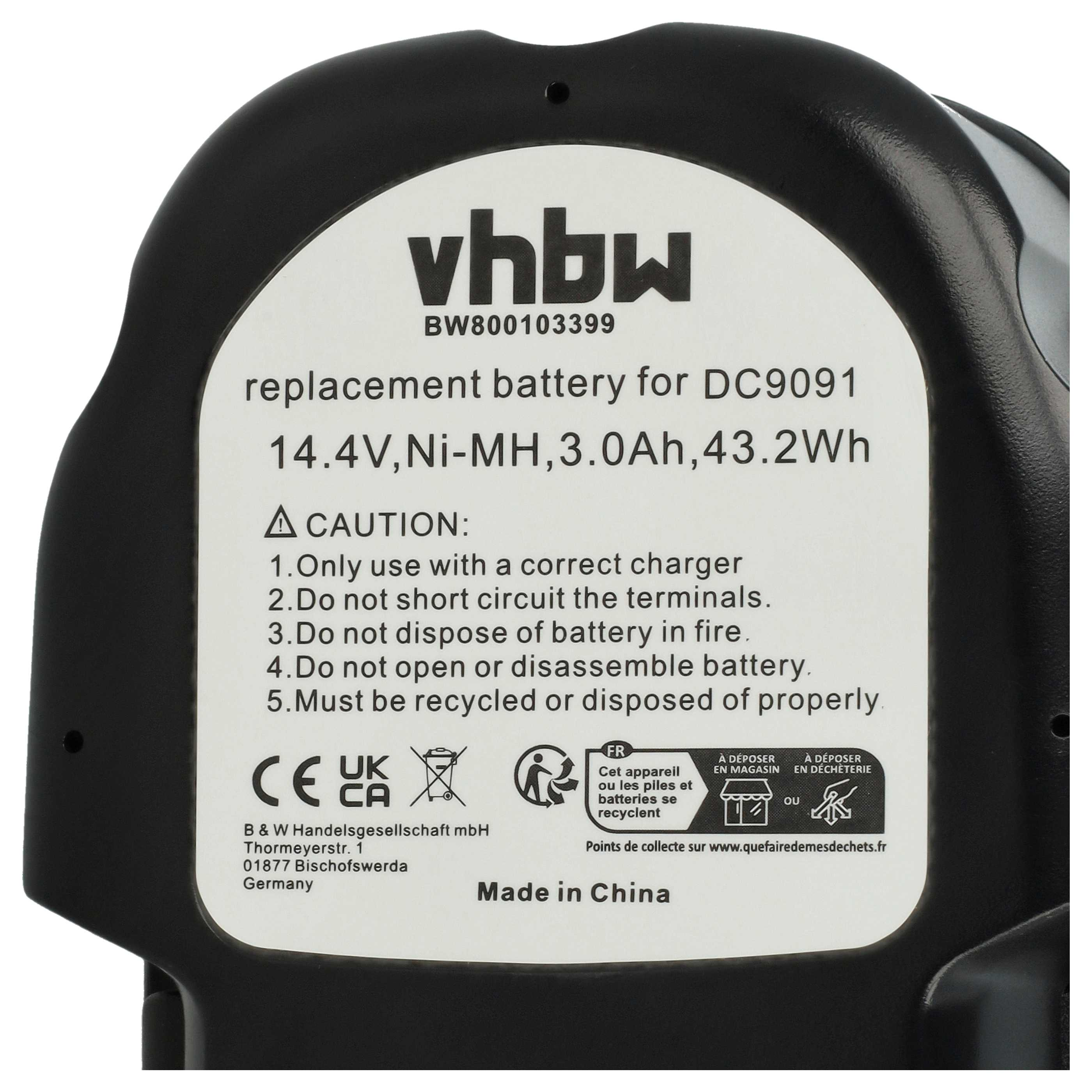 Ein schwarz-weißer Akku mit Text. Es steht 'Ersatzbatterie', '14,4V, Ni-MH' und Recycling-Symbole.