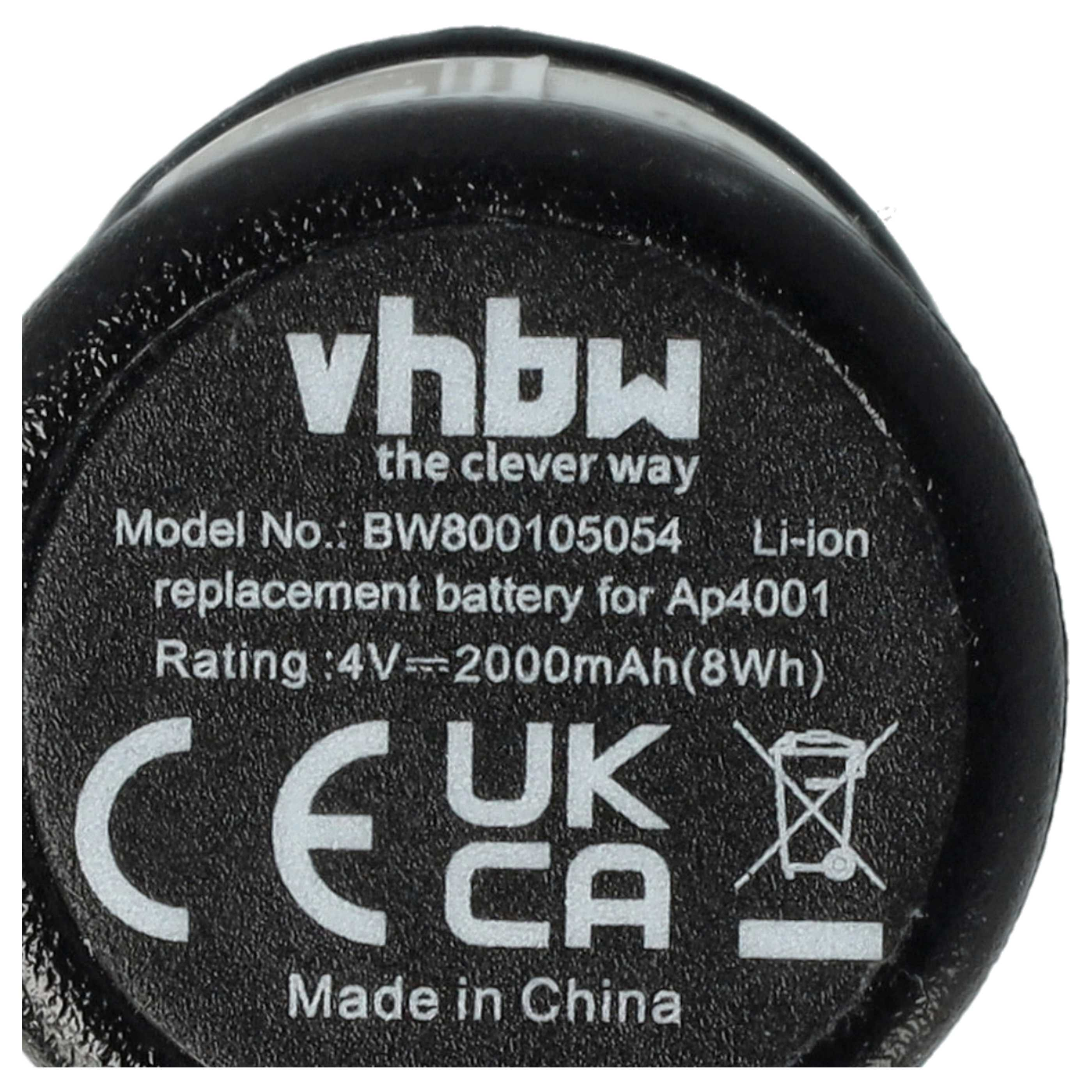 Schwarzer Akku mit weißem Text. Es steht vhbw, Modellnummer und Made in China. Mit CE- und UKCA-Symbolen.