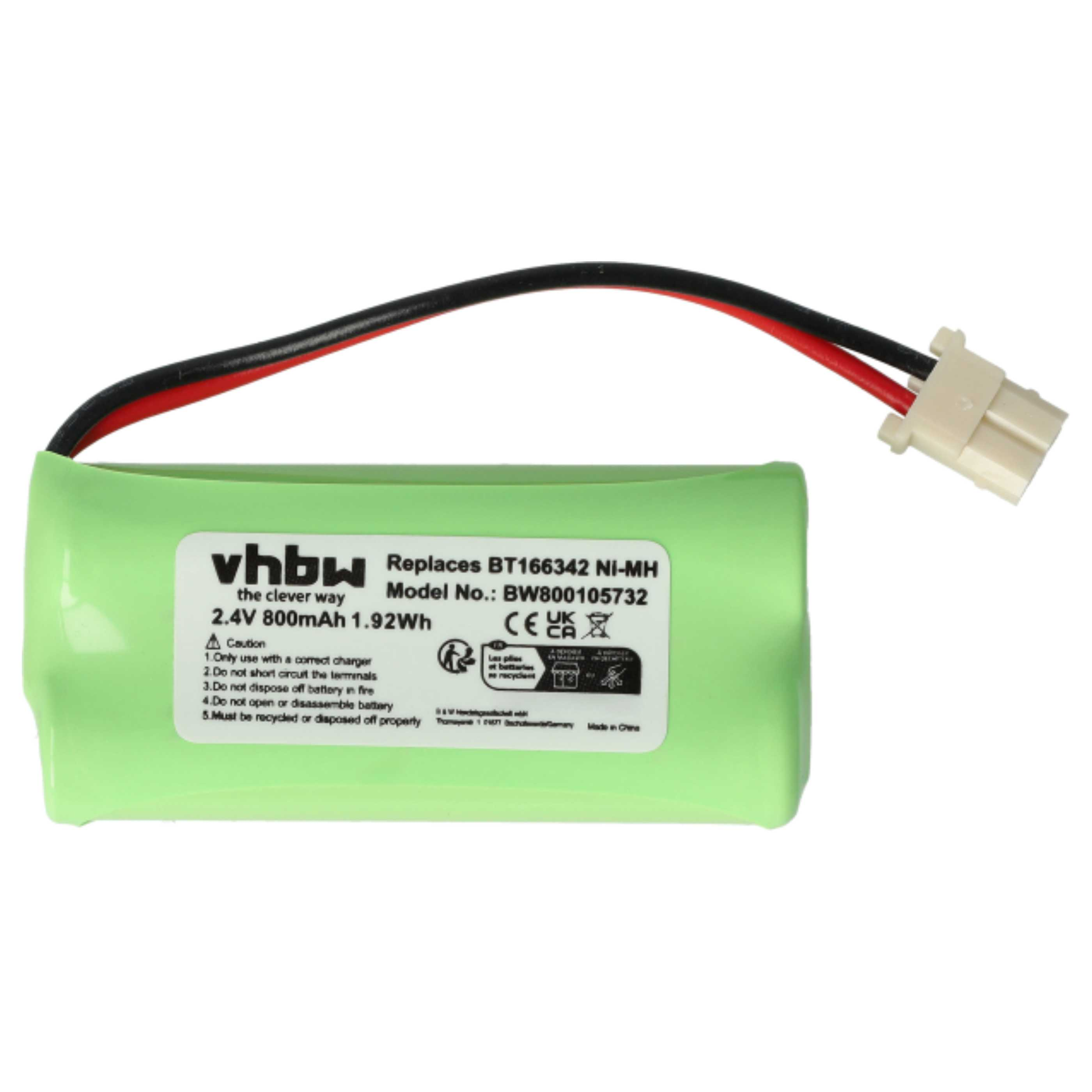 Eine grüne Batterie mit schwarzen und roten Drähten und einem weißen Stecker. Aufschrift: vhbw, 2,4 V 800 mAh und weitere Details.