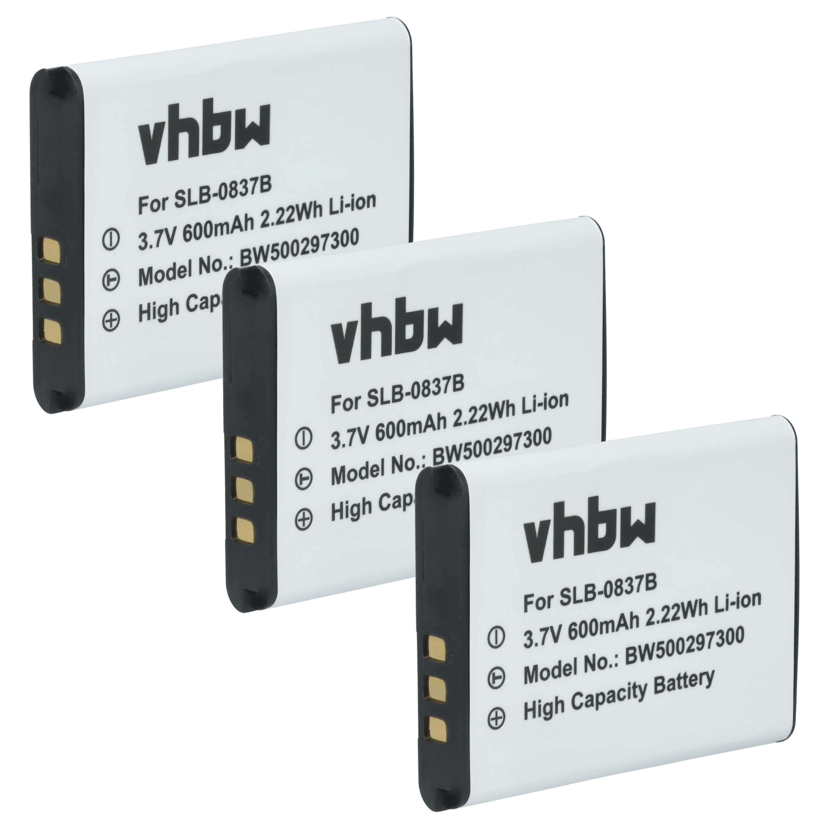 Drei weiße Batterien mit schwarzen Enden sind angeordnet. Jede hat die Marke vhbw, Modelldetails und eine Kapazitätsbeschreibung.