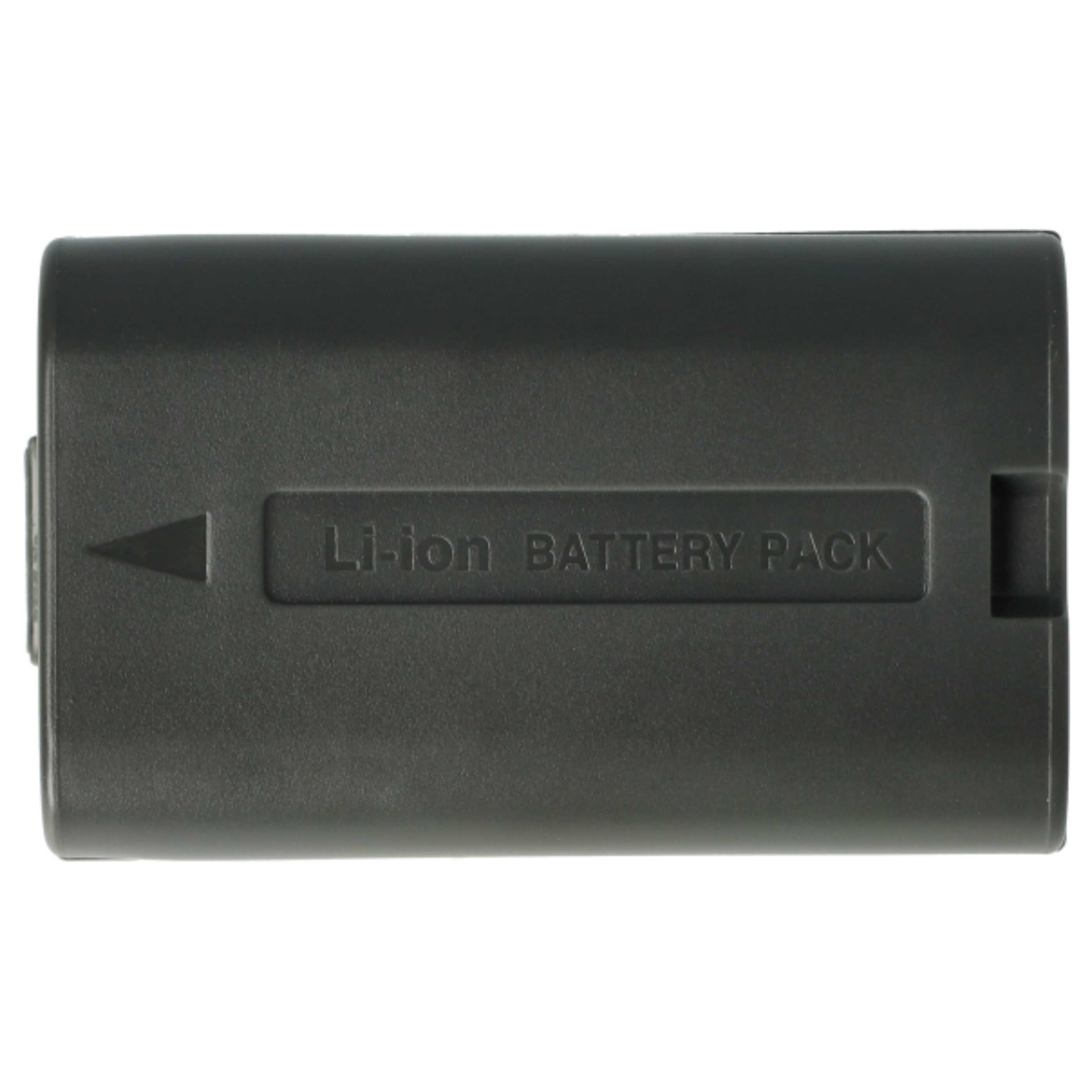 Ein schwarzes Li-Ionen-Akkupack. Es trägt die Aufschrift "Li-ion BATTERY PACK". Pfeil zeigt nach links.