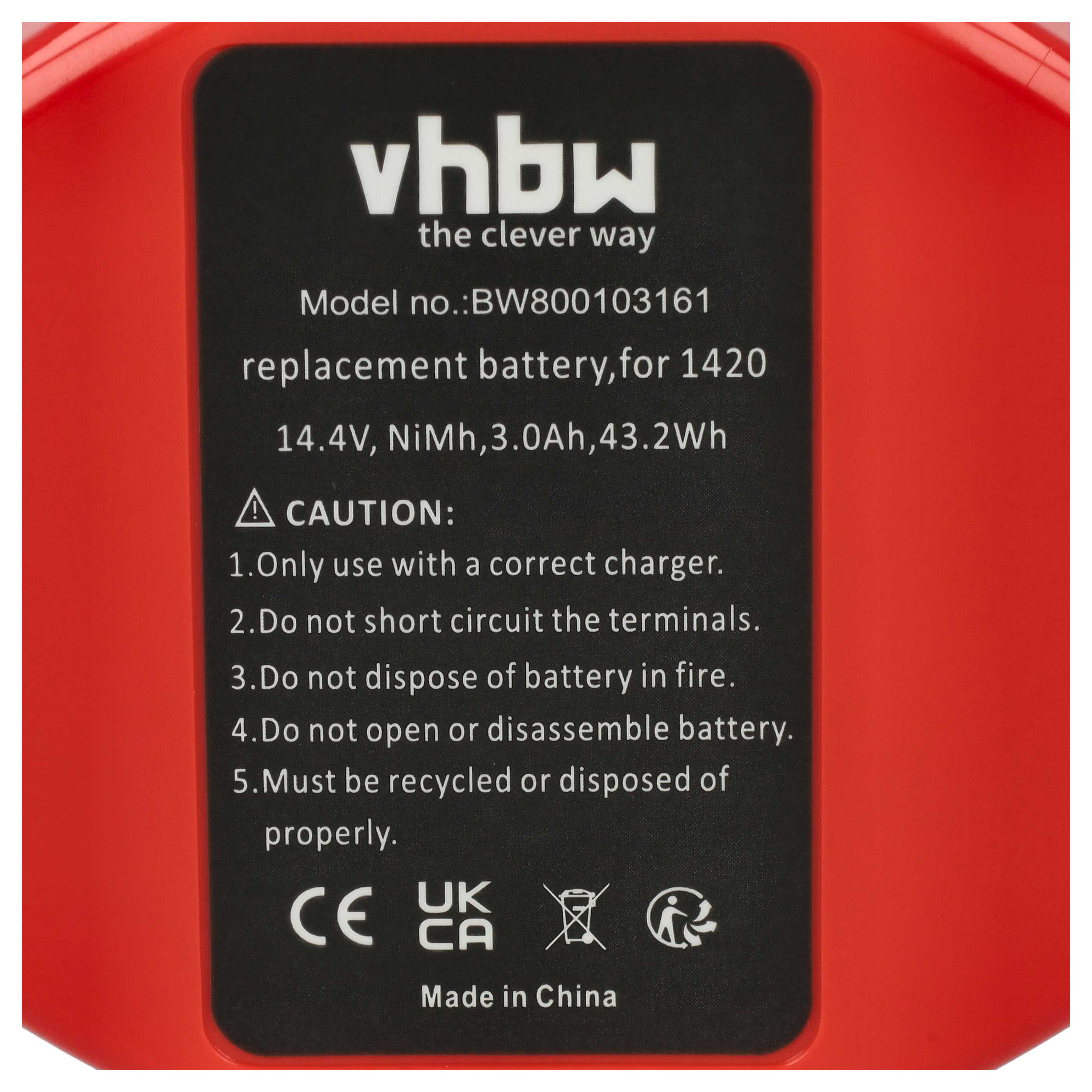 Schwarz-rotes Batterieetikett mit weißem Text. Es steht 'vhbw' darauf und enthält Warnungen und Modellinformationen.