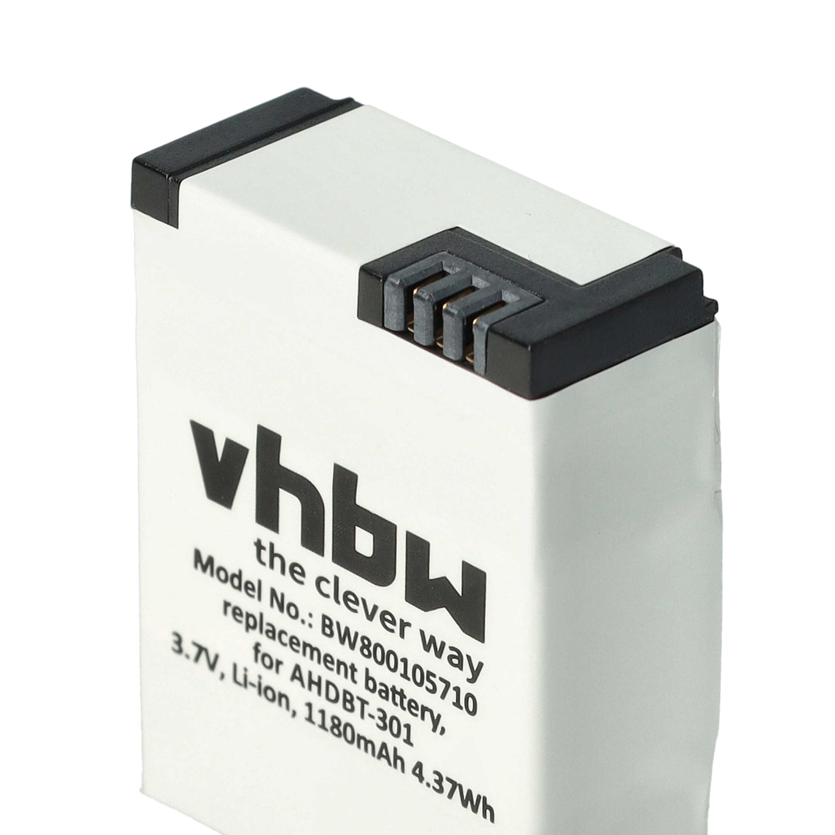 Ein weißer Akku mit schwarzen Akzenten und Text. Oben befindet sich ein Stecker. Der Markenname ist vhbw.