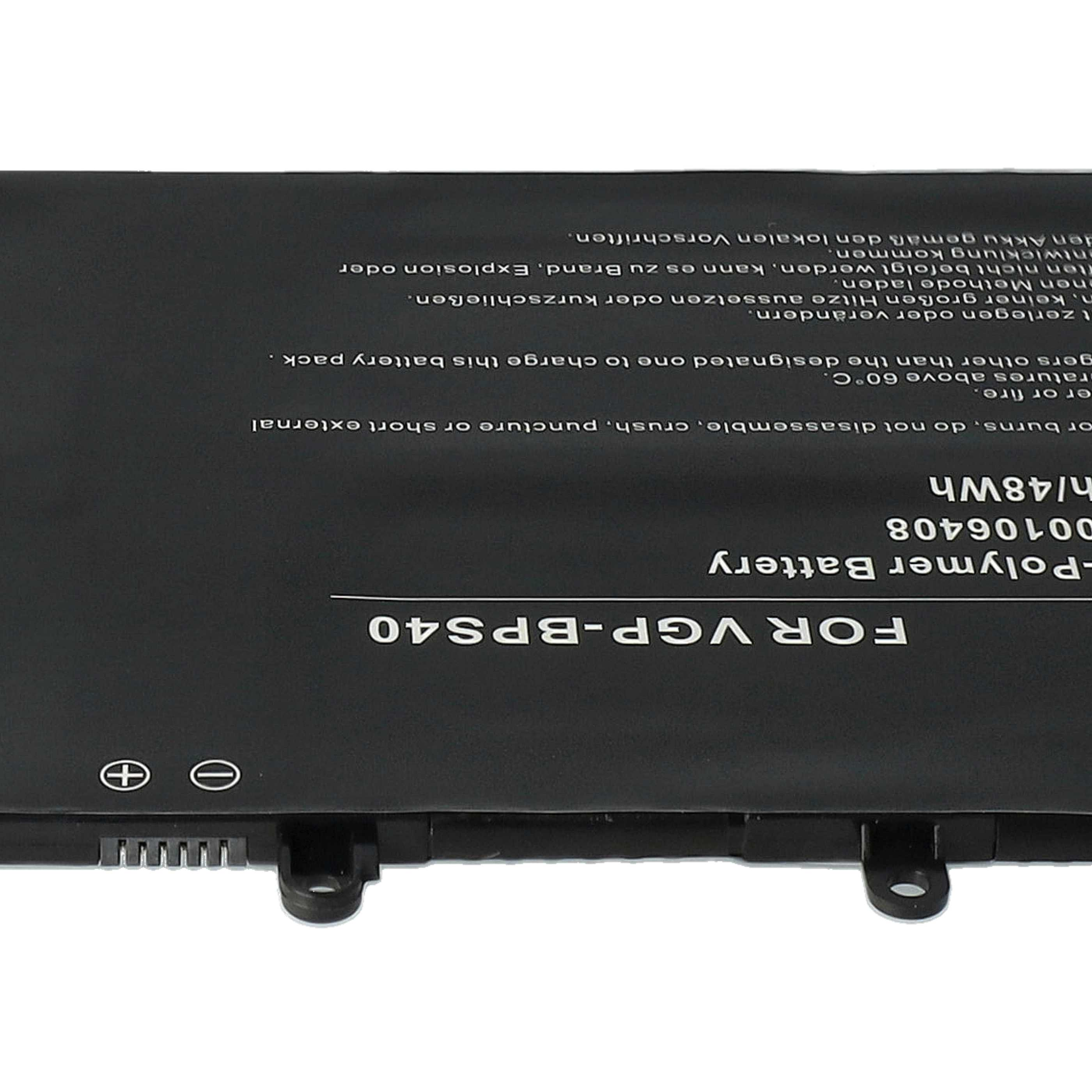 Ein schwarzer Laptop-Akku mit weißem Text. Enthält Plus- und Minus-Symbole, mit Anschluss und Warnhinweisen.