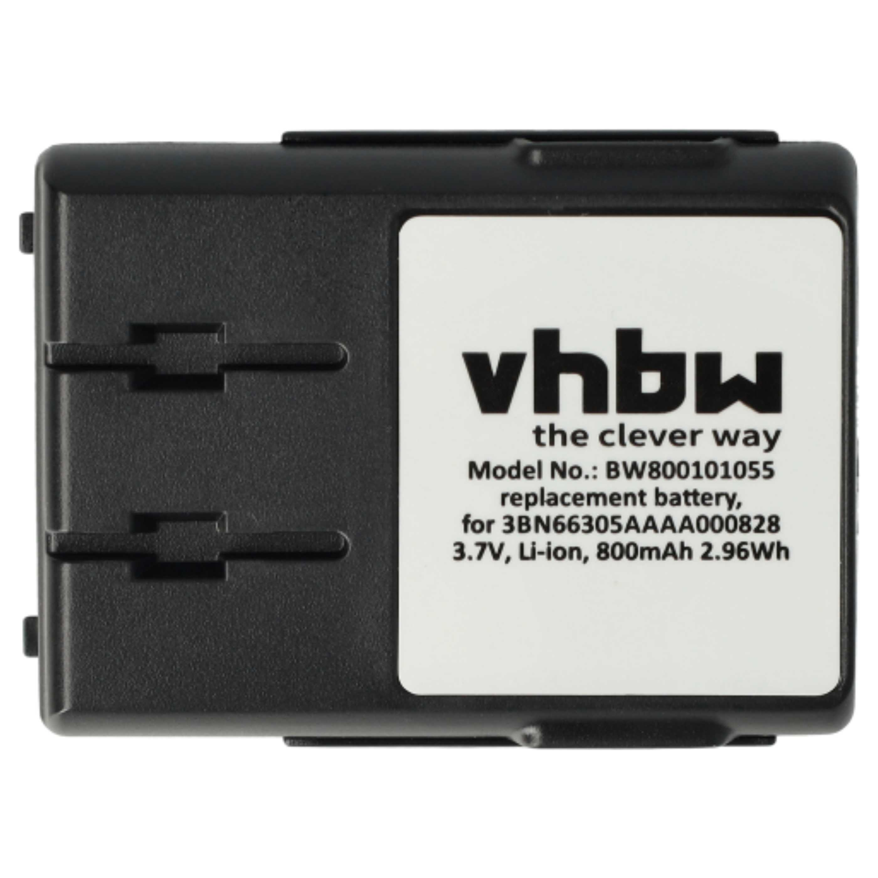 Ein schwarzes Batteriepack mit weißem Etikett. Auf dem Etikett stehen 'vhbw', 'the clever way' und Batteriespezifikationen.