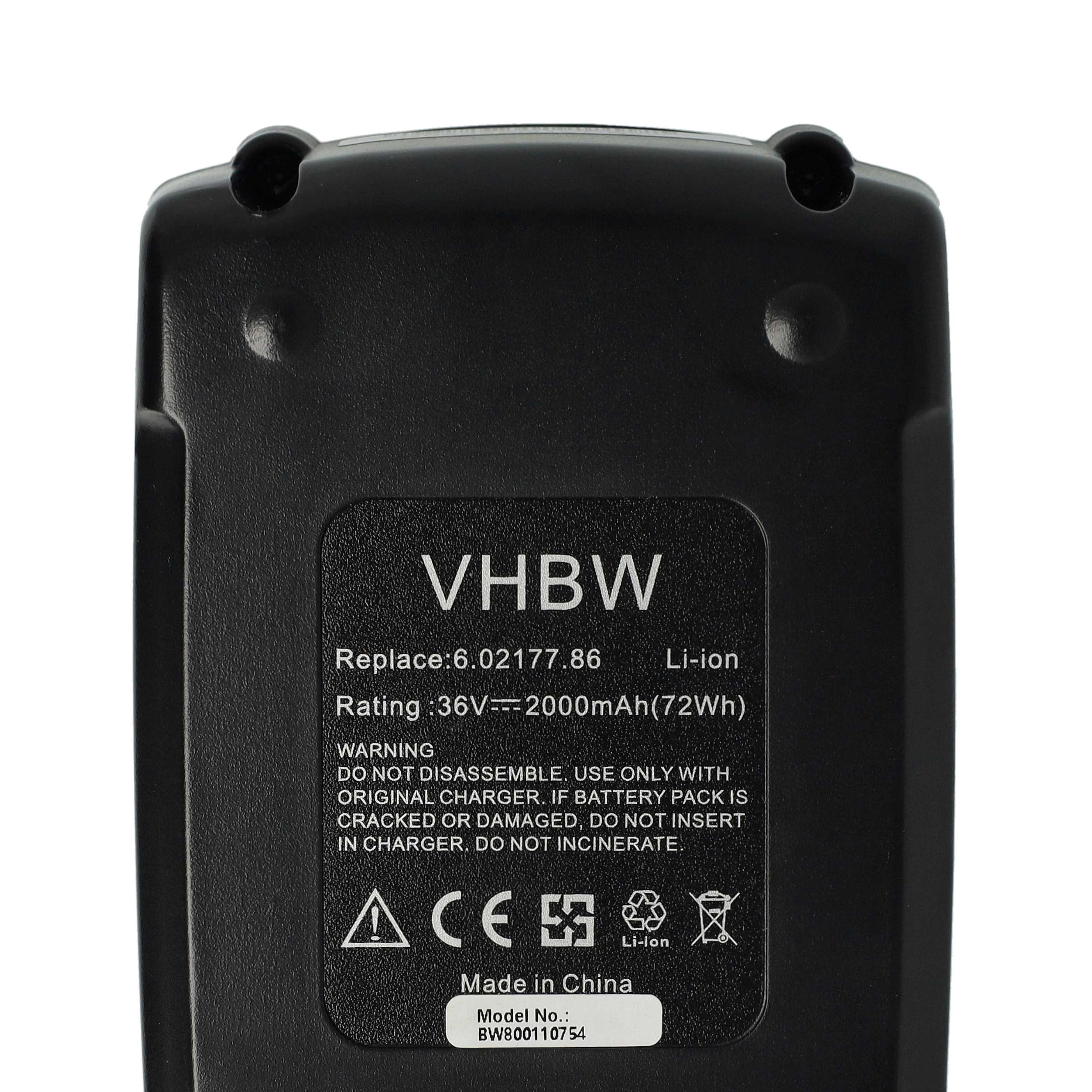 Schwarzer Akku mit weißem Text. Enthält Warnungen und Spezifikationen wie 36V und 2000mAh. Hergestellt in China.