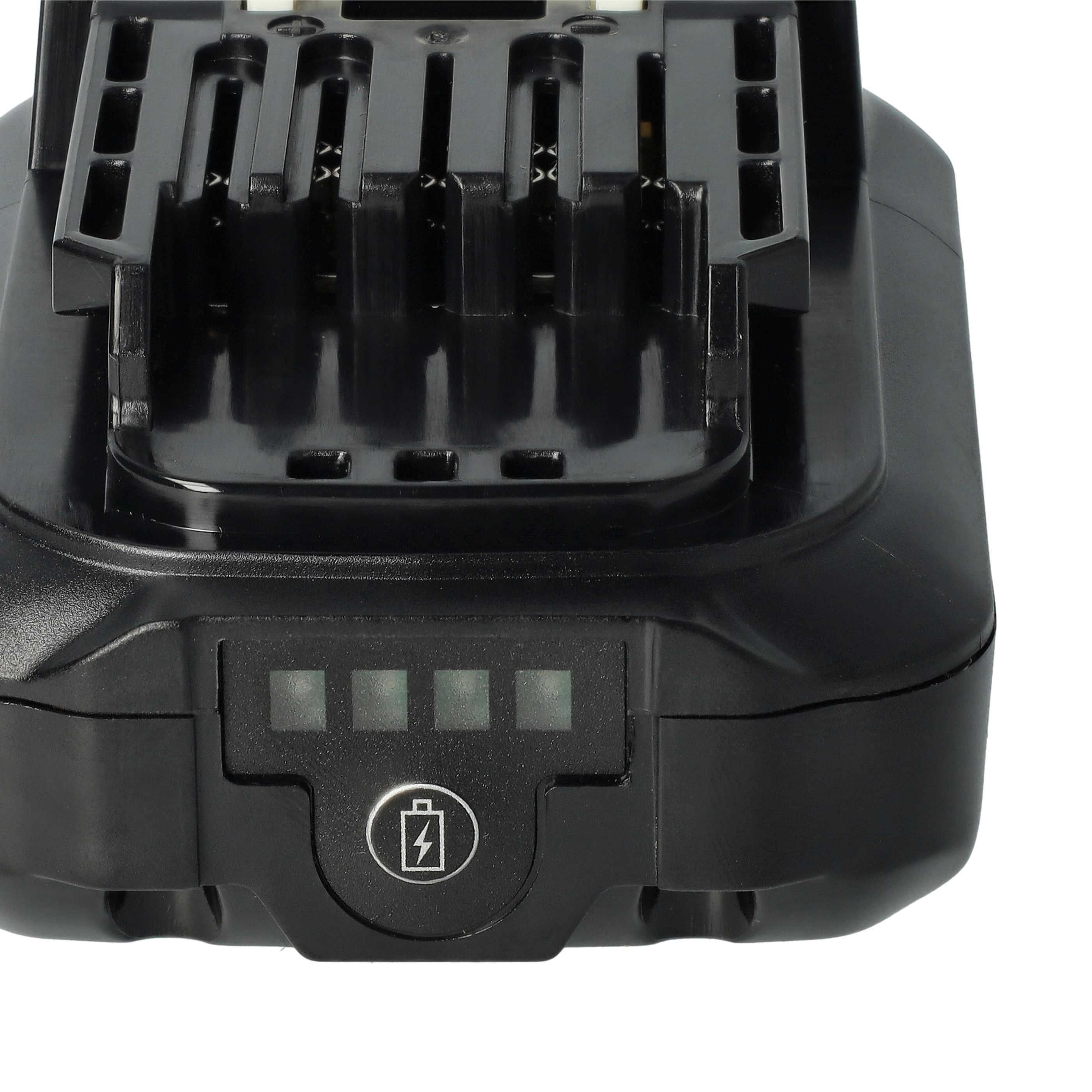 Ein schwarzer Akku für Elektrowerkzeuge. Er hat eine Statusanzeige und ein Ladesymbol. Der Hintergrund ist weiß.