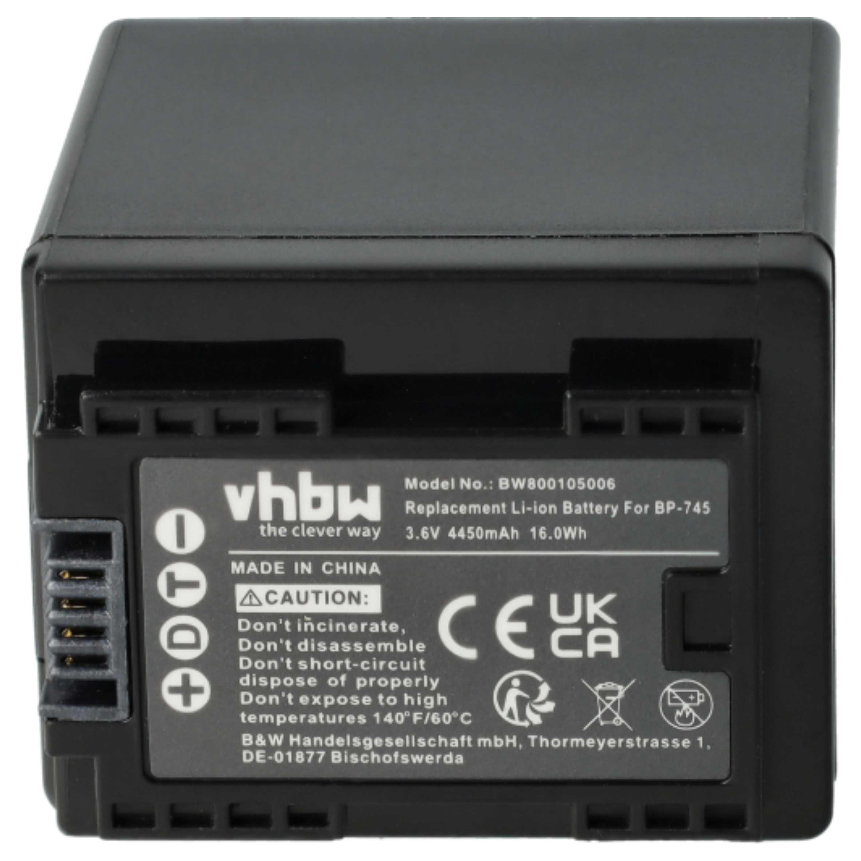 Ein schwarzer vhbw-Ersatz-Li-Ion-Akku für BP-745. Auf der Oberfläche sind Warnhinweise und Spezifikationen aufgedruckt.