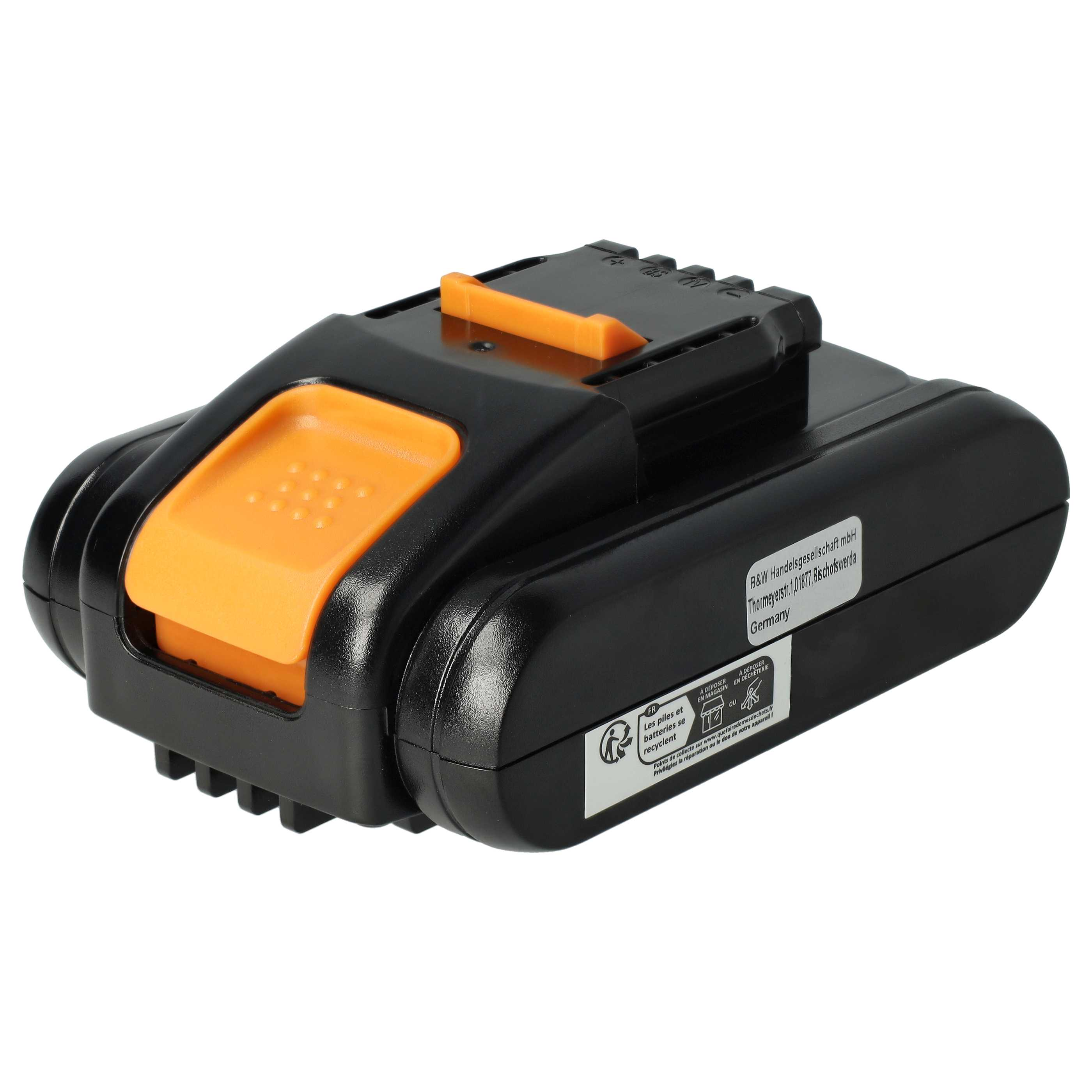 Schwarzer und orangefarbener Elektrowerkzeug-Akku mit Etiketten. Es hat einen schwarzen Körper und orangefarbene Auslöseknöpfe.
