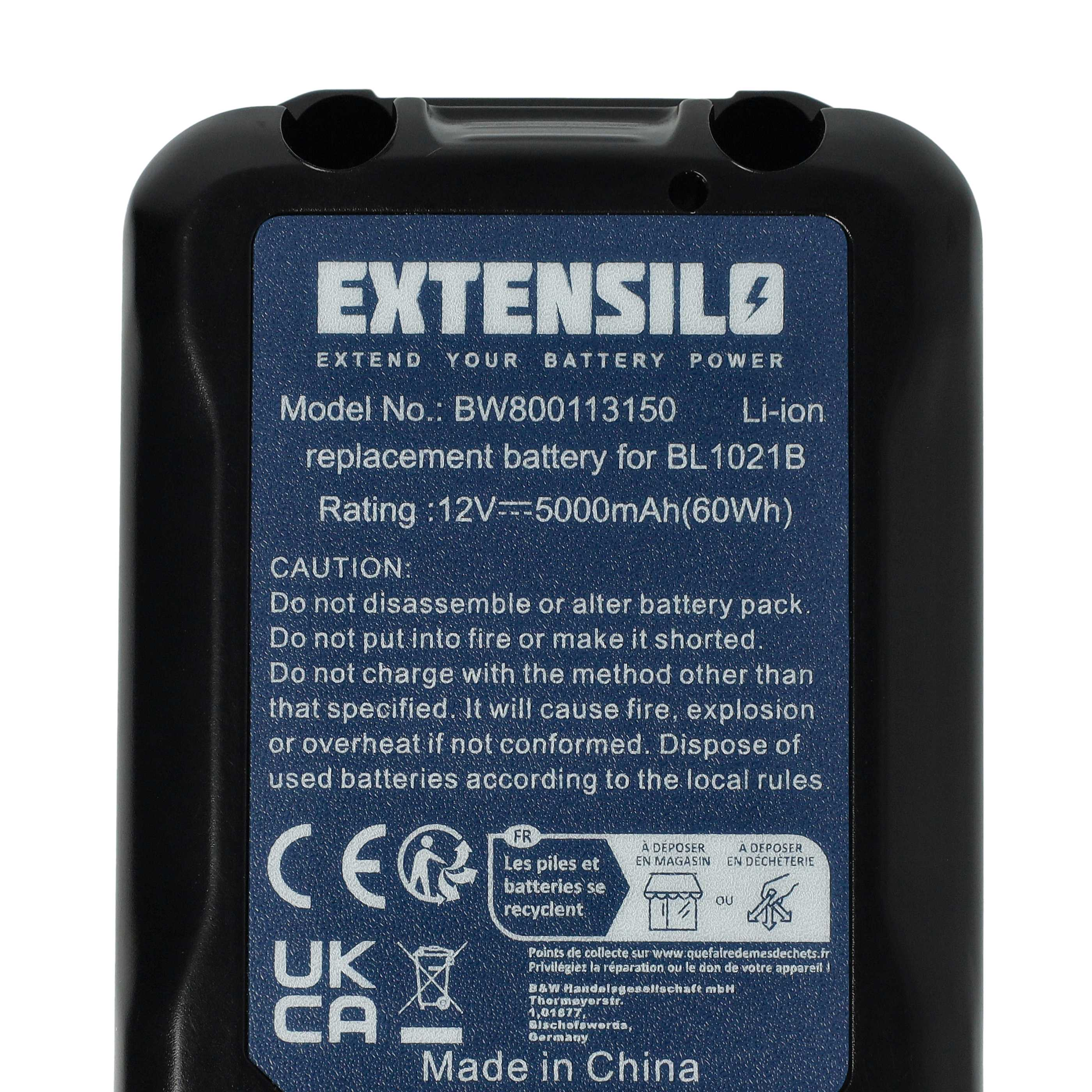 Ein schwarzes Akkupack mit weißem Text. Es steht Extensil, Modellnummer und VORSICHT darauf. Made in China steht unten.
