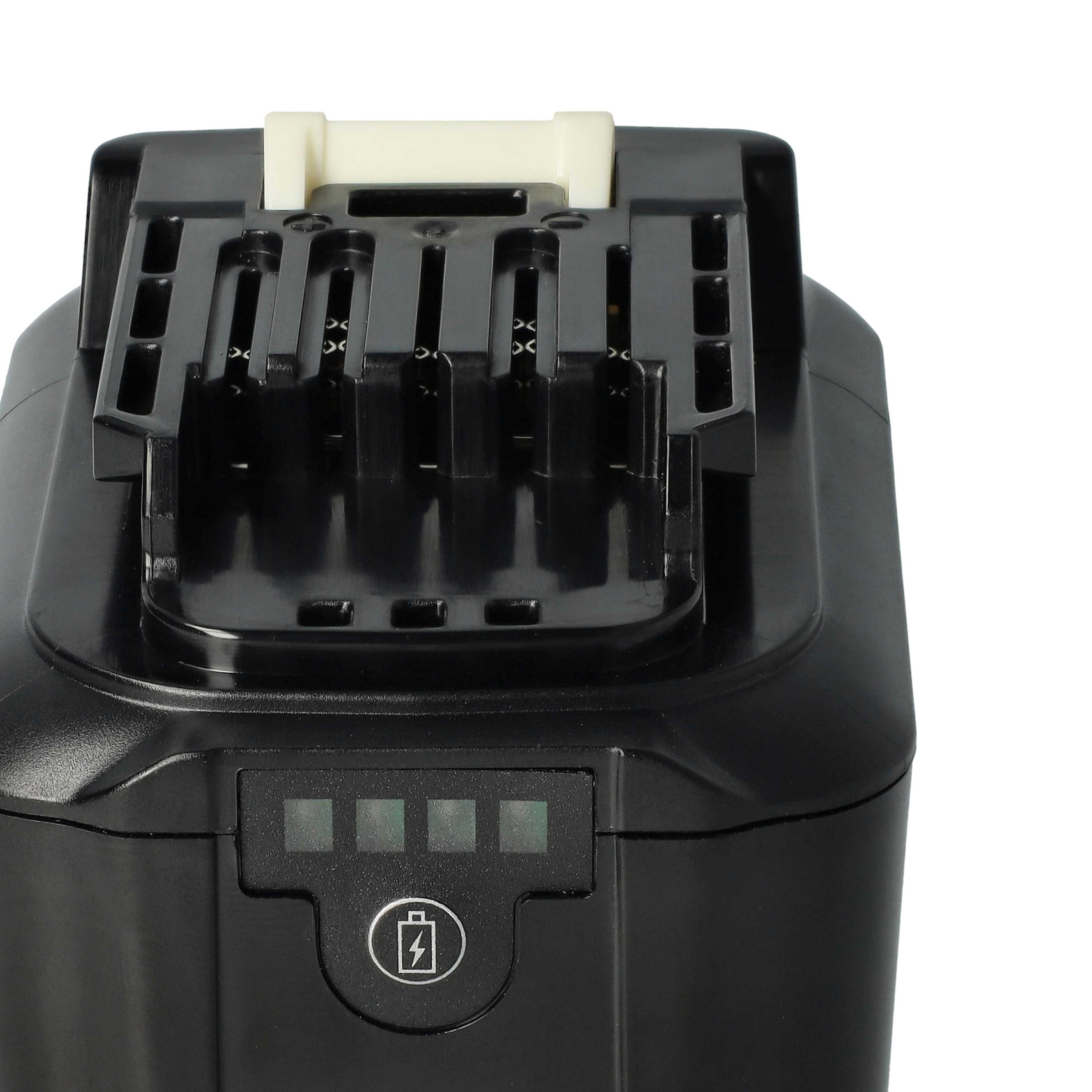 Ein schwarzer Werkzeugakku. Er hat einen weißen Griff und eine Batteriestandsanzeige. Der Hintergrund ist weiß.