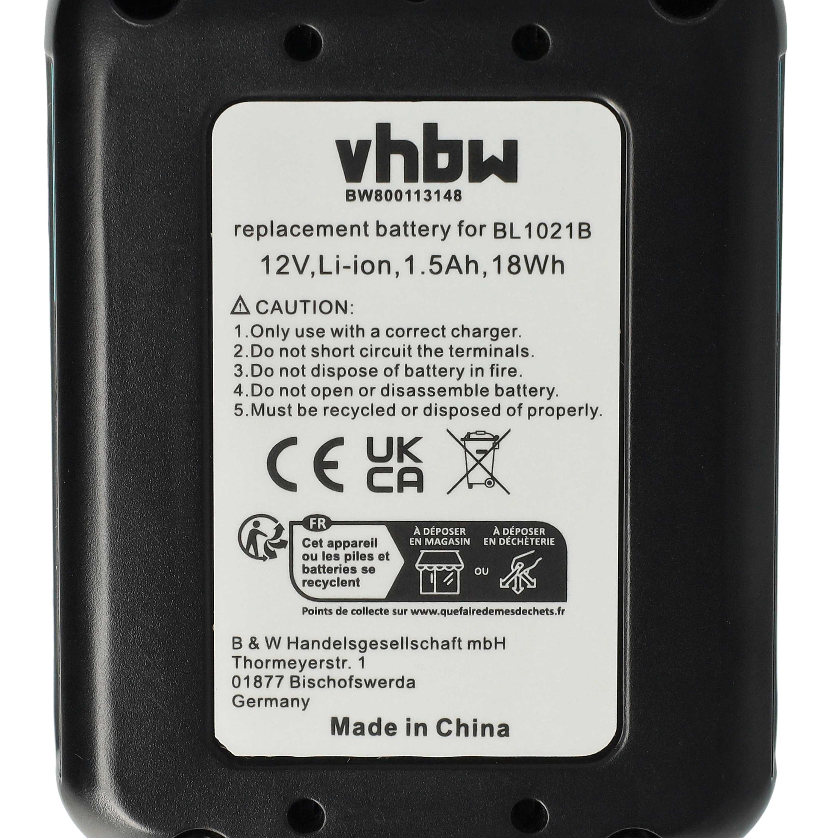 Schwarzer Akku mit weißem Etikett mit Produktinformationen und Sicherheitshinweisen. Text enthält 'vhbw', 'Made in China'.