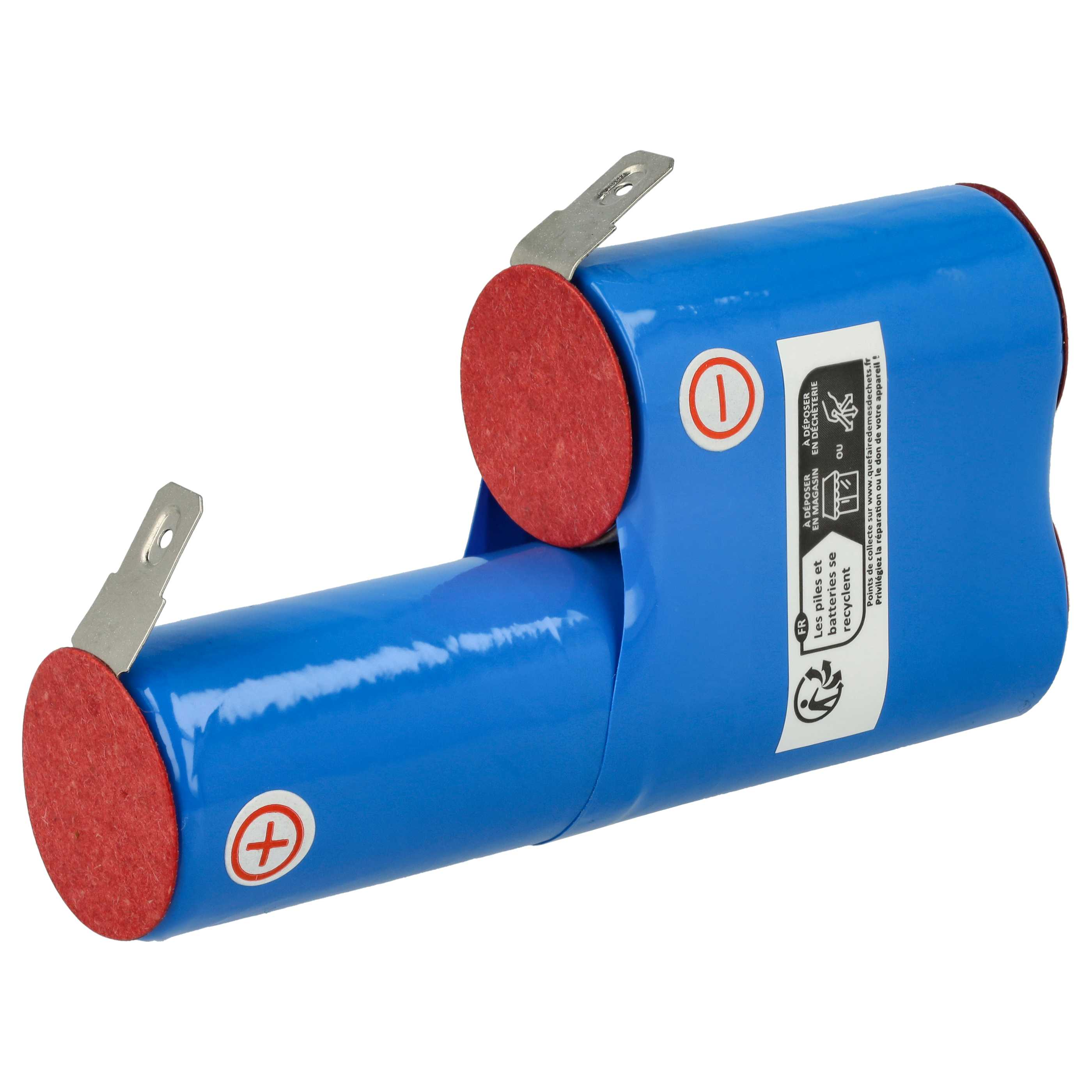 Ein blauer Akku mit roten Endkappen und Metallanschlüssen. Symbole weisen auf Recycling-Anweisungen hin.