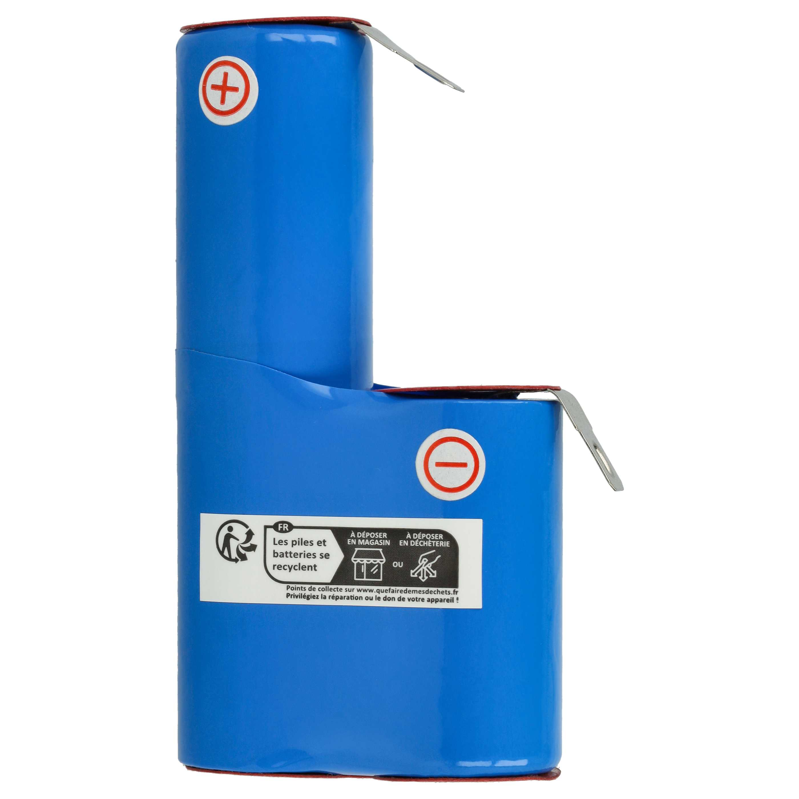 Blaue Batterie mit Plus- und Minuszeichen. Französischer Text wirbt für Recycling.