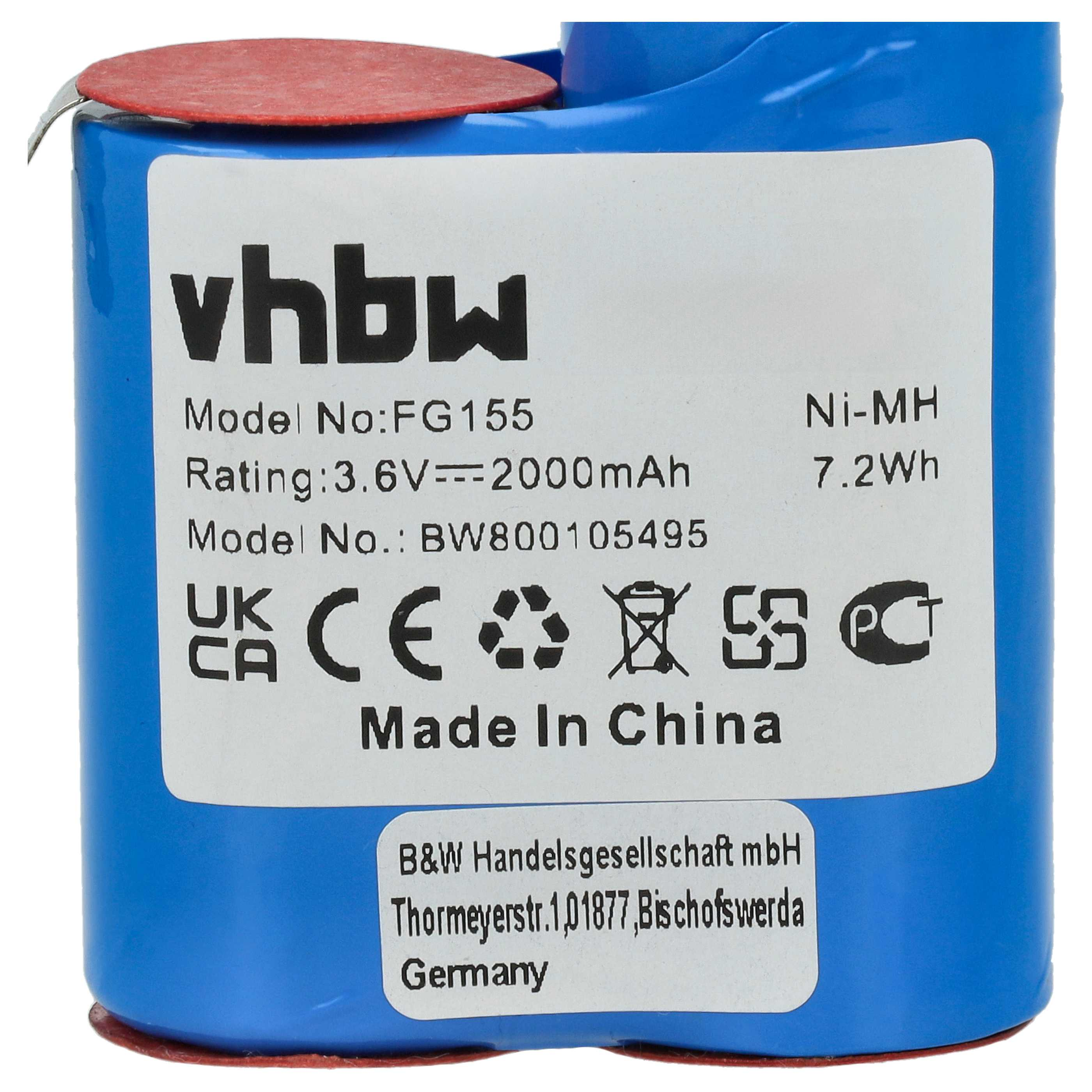 Blauer Akku mit weißem Etikett. Text enthält 'vhbw', '3,6V', 'Made in China' und 'Germany'. Oben ein roter Aufkleber.