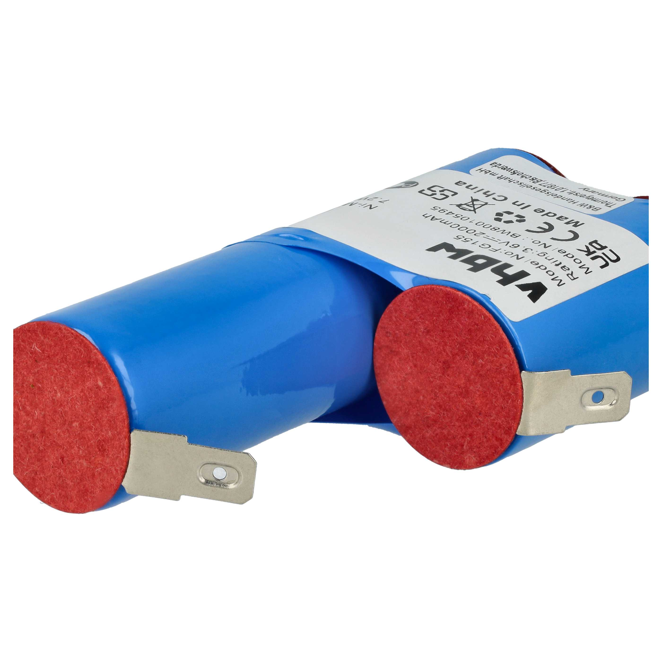 Eine blaue Batterie mit roten Enden und Metallanschlüssen. Etiketten mit Text sind sichtbar. Der Hintergrund ist weiß.