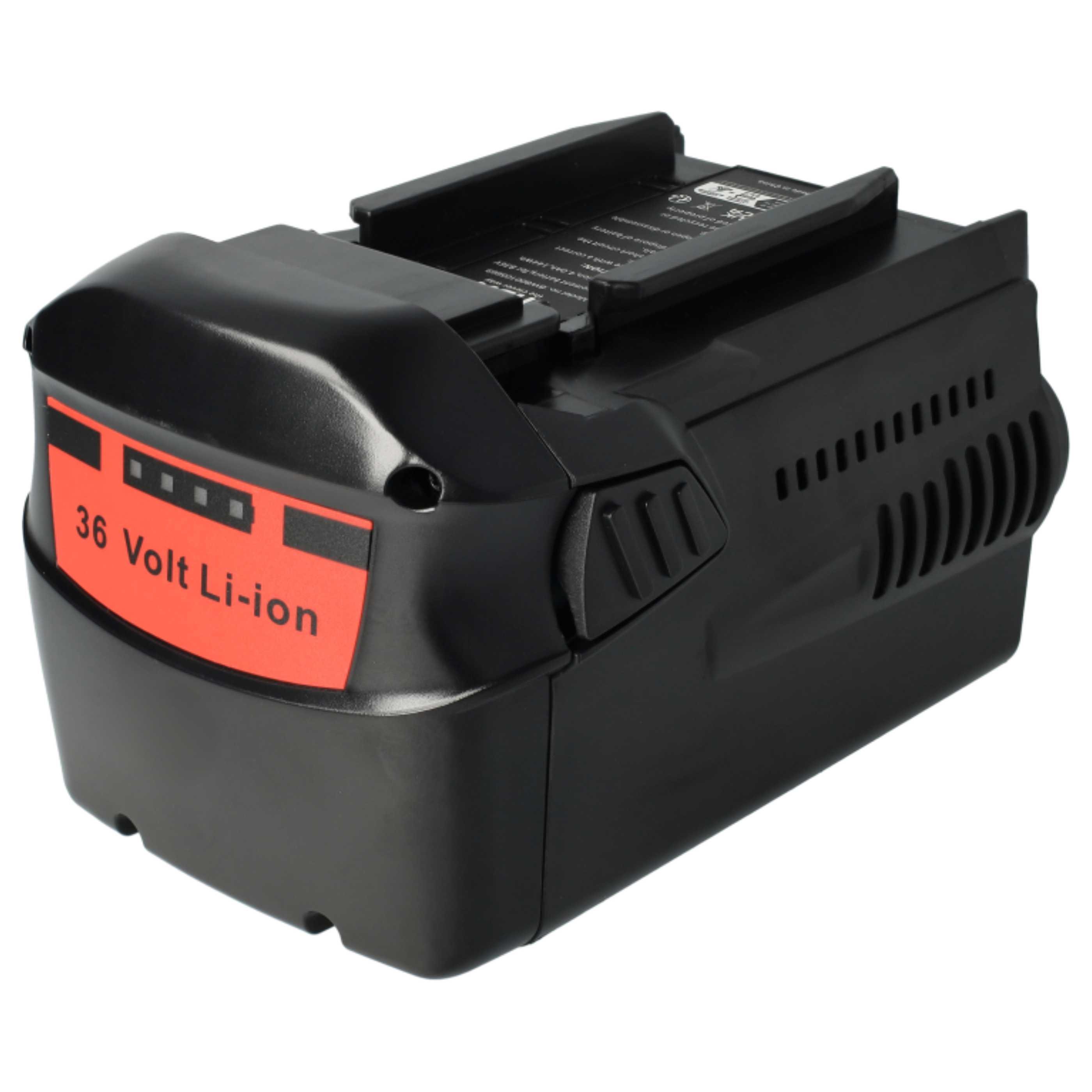 Ein schwarzer und roter 36-Volt-Li-Ionen-Akkupack. Er hat ein Etikett mit der Spannung und dem Batterietyp. Der Hintergrund ist weiß.